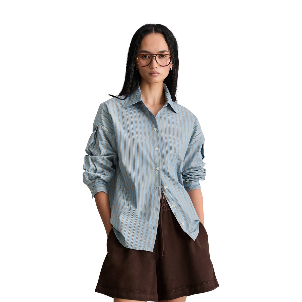 Blouse à rayures regular en popeline papertouch rayée bleu clair, MARC O’POLO DENIM
