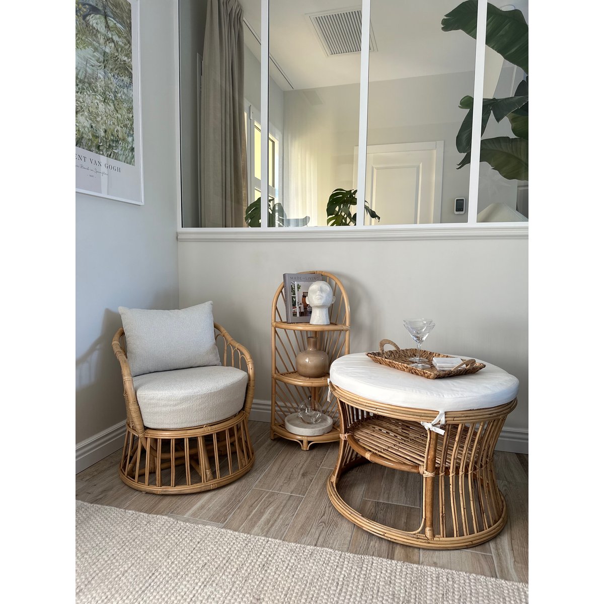Pouf tissu et rotin, SERAM beige, NORDLYS