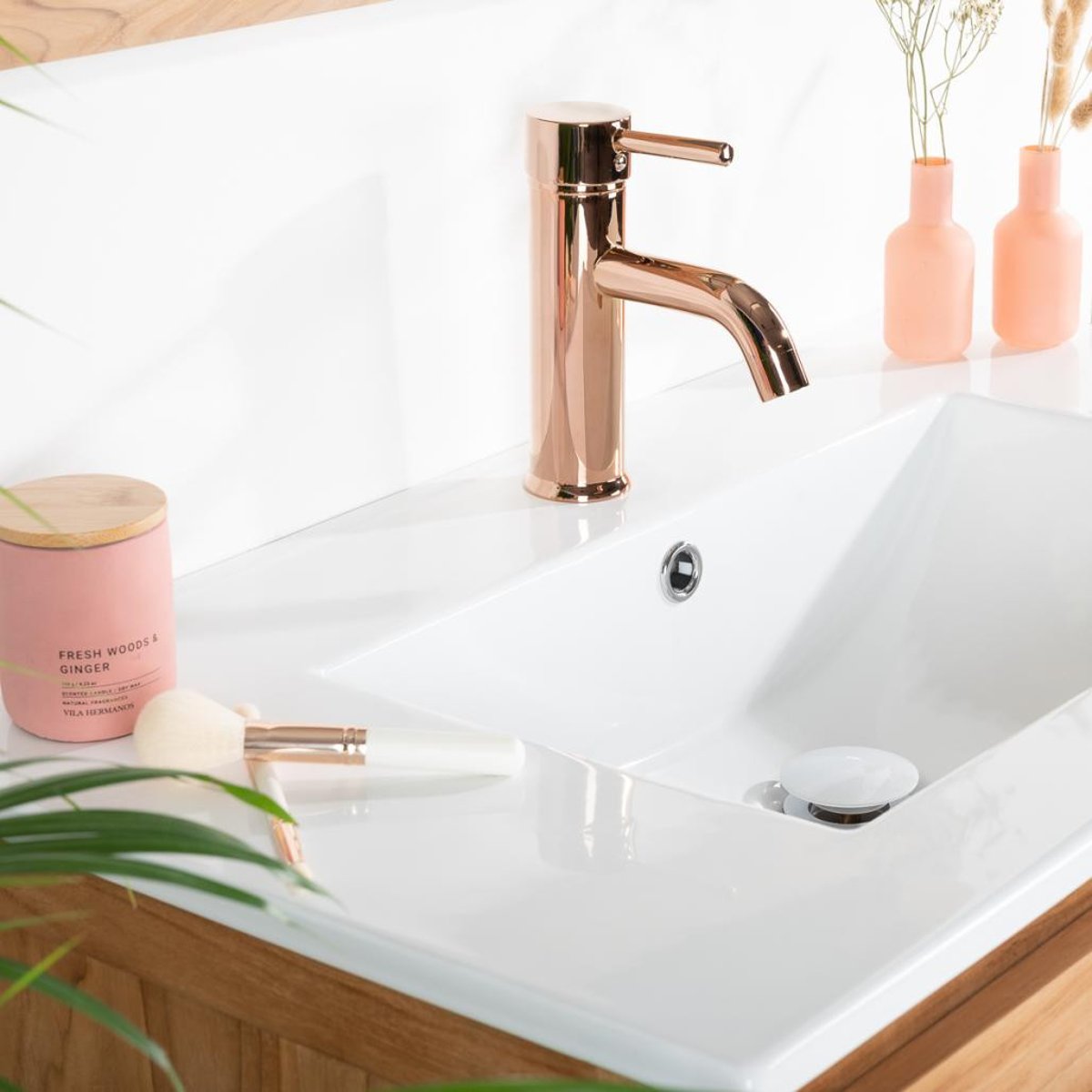 Meuble salle de bain en teck et céramique 80 cm TONI crème, WANDA COLLECTION