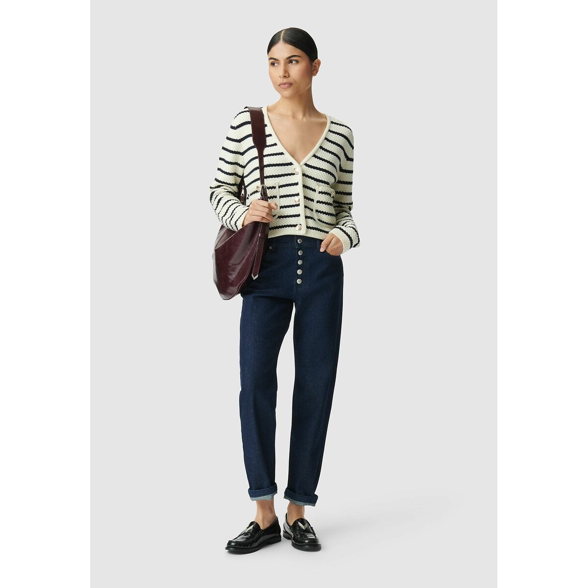 Striped V-Neck Cardigan with Long Sleeves navy/ecru, IKKS