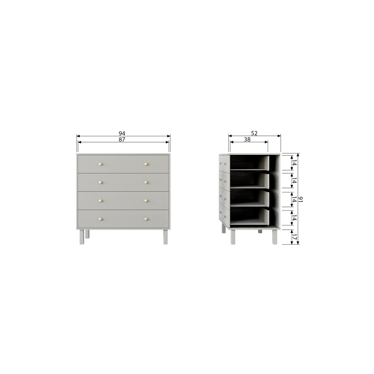 Commode 4 tiroirs en bois L94cm- MADU gris clair, WOOOD