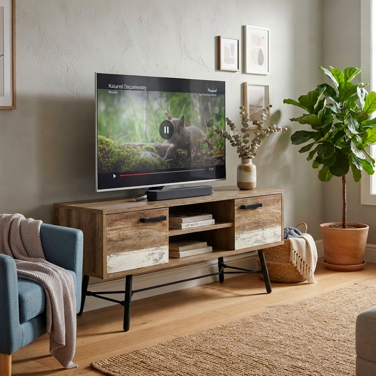 Meuble de télévision métal noir et bois 2 portes 120x39.5x55cm bois, WADIGA