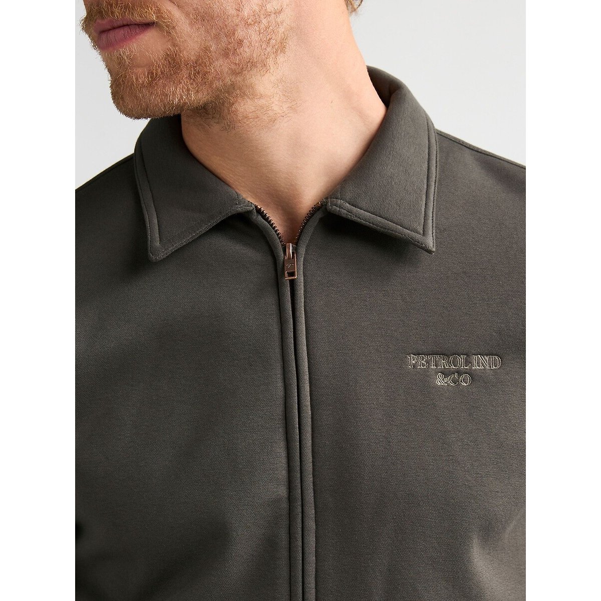 Sweat zippé col polo, chemise gris vert, PETROL INDUSTRIES