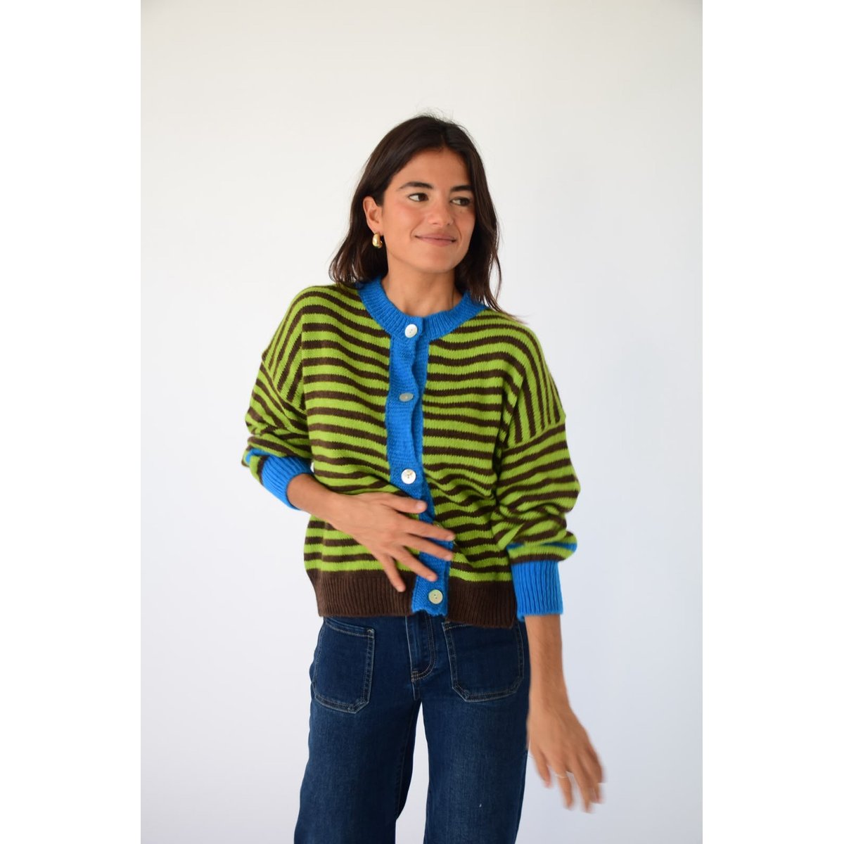 Gilet rayé en maille TESSA vert lime / marron, MINDTRAVELER