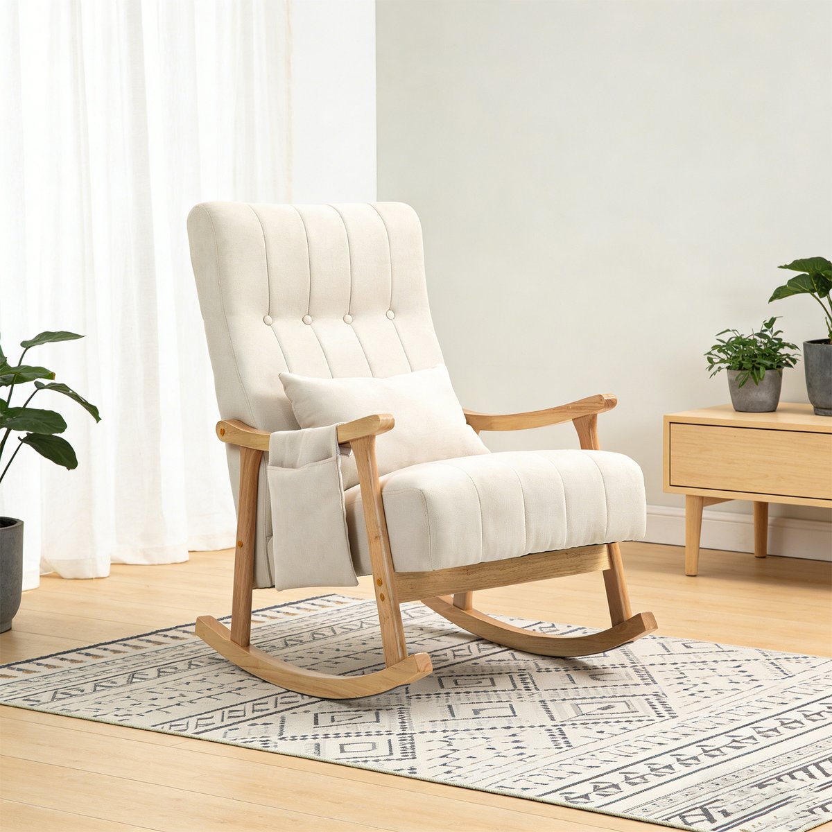 Fauteuil à bascule style scandinave tissu lin, RAMOND beige, MEUBLES COSY
