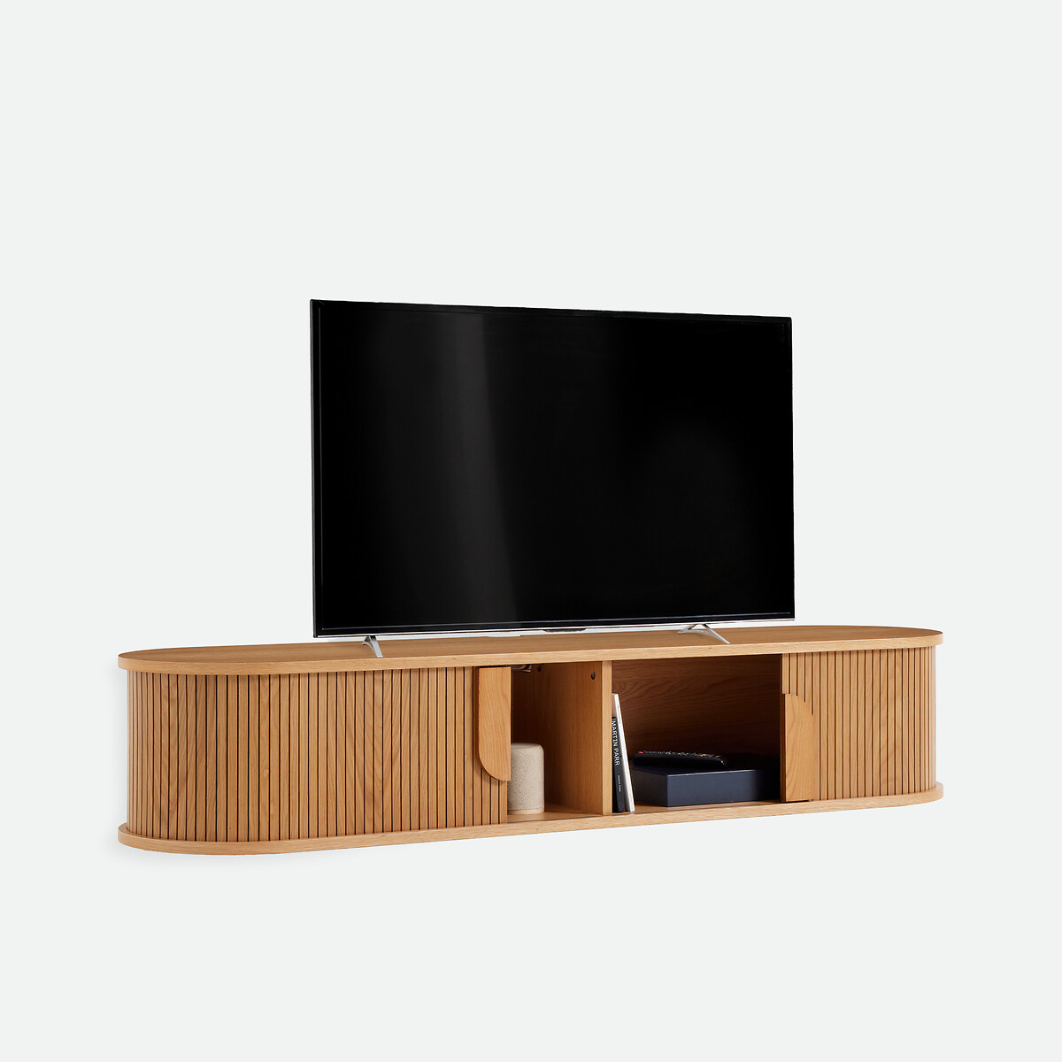 Meuble TV suspendu, en placage chêne, 2 portes coulissantes, L160 cm, MARCELINO chêne, LA REDOUTE INTERIEURS