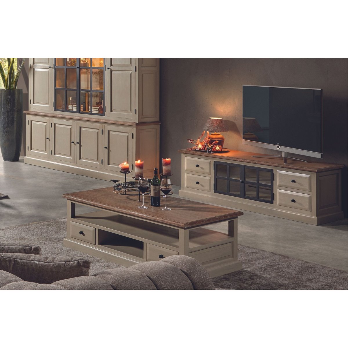 Table basse rectangulaire 4 tiroirs 2 niches crème - VILLAS gris, HELLIN, DEPUIS 1862