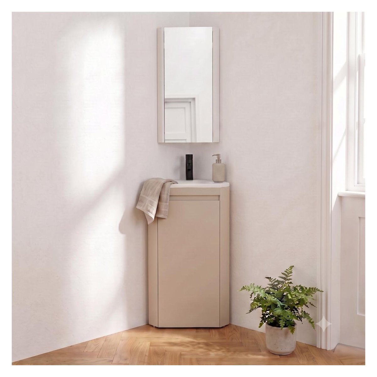 Ensemble lave-mains d'angle sur pieds avec robinet et armoire SORRENTO beige satiné, MOB IN