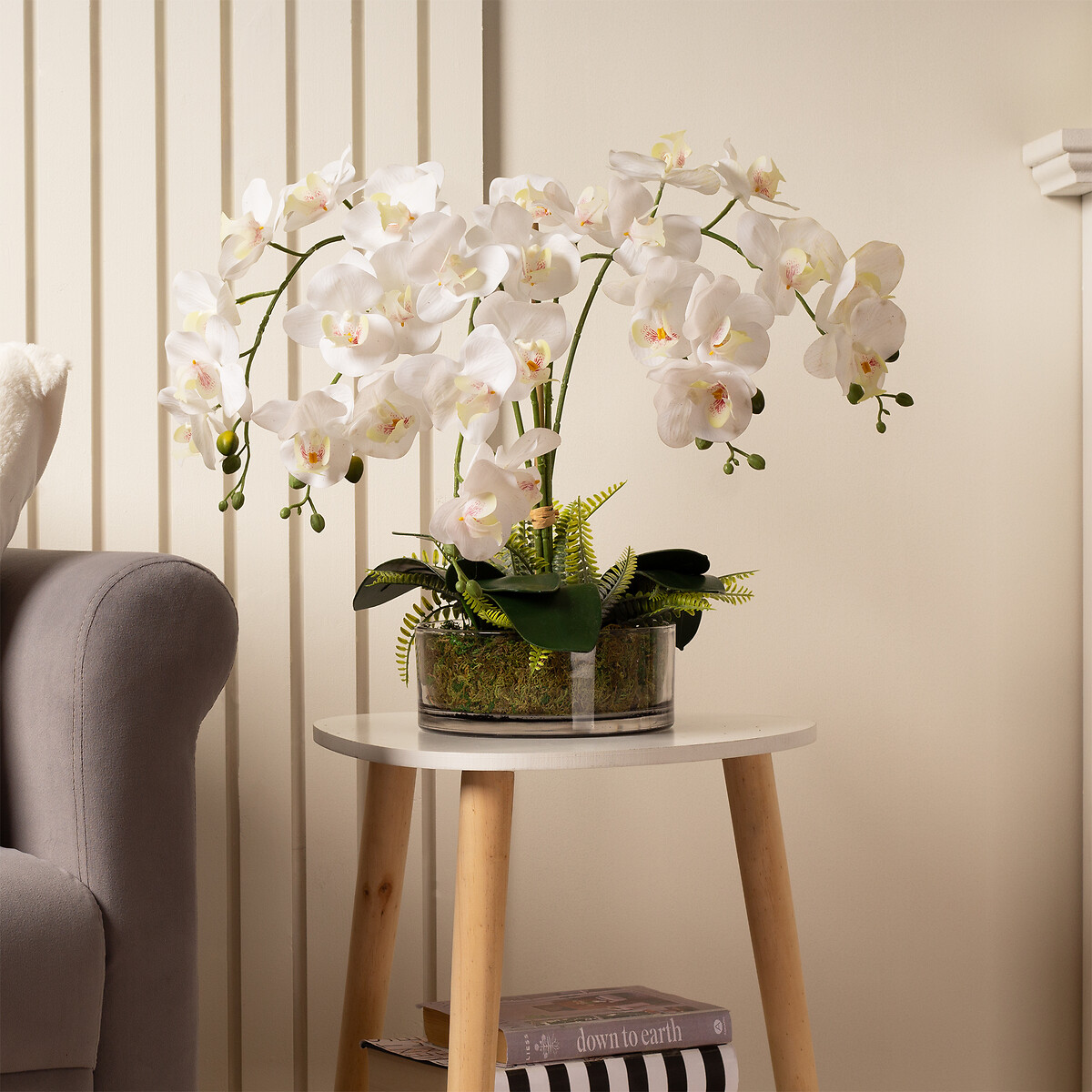 55cm Real Touch 5-Stem Orchid with Fern in Glass Pot white, SO'HOME
