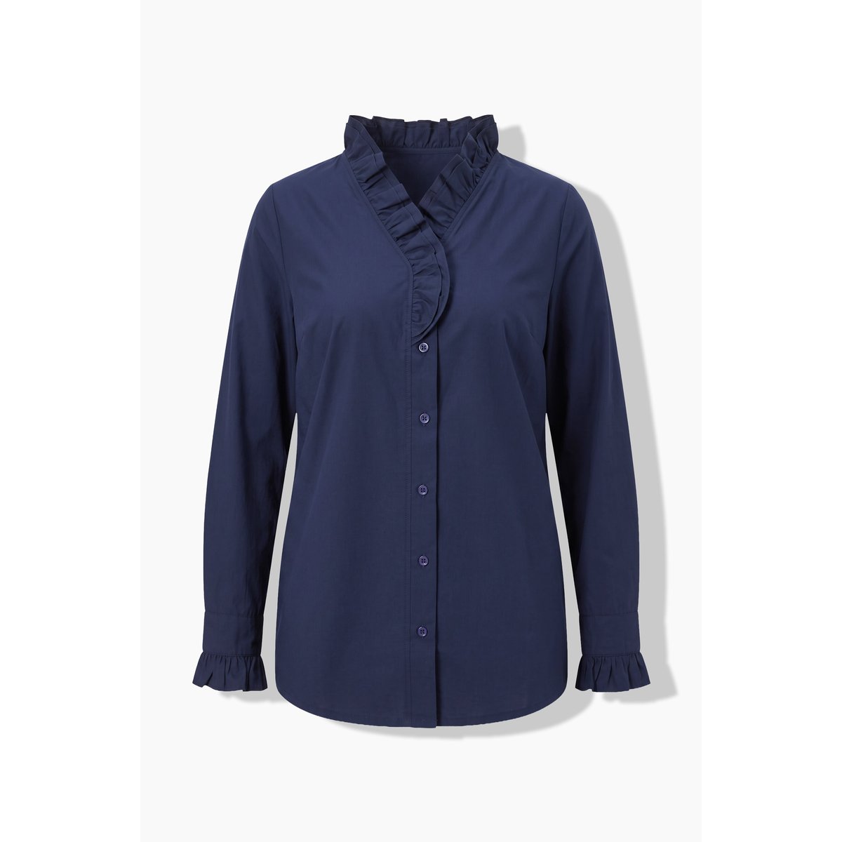 Blouse à encolure en V et col ruché marine, ULLA POPKEN