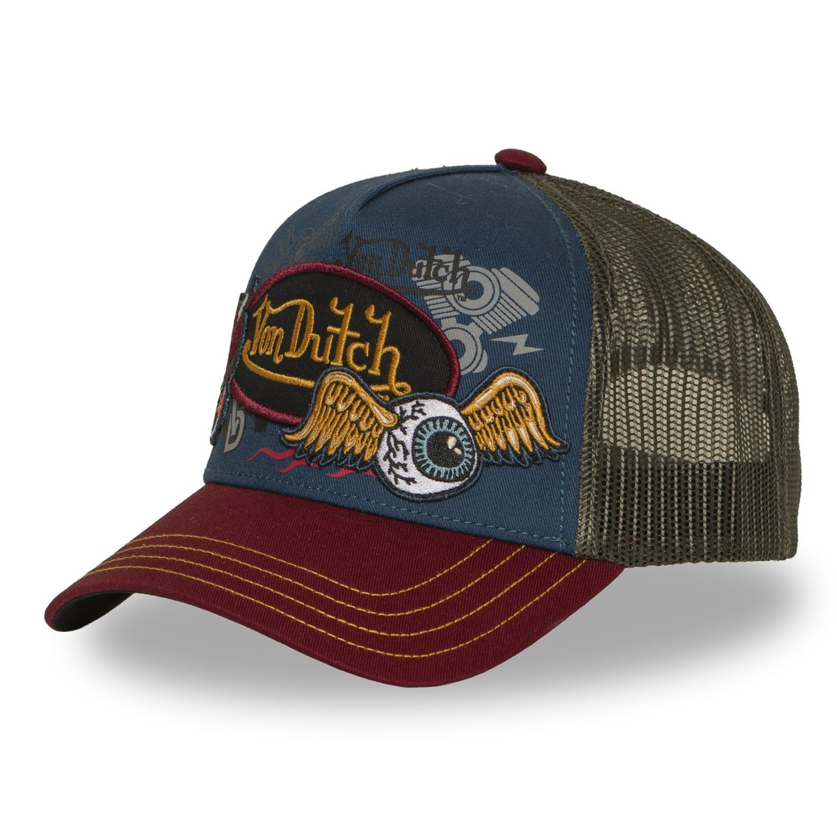 Casquette Trucker Patches bordeaux/bleu foncé/kaki foncé, VON DUTCH
