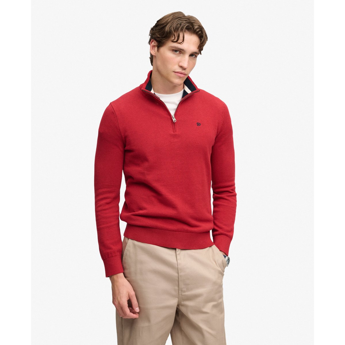 Pull à demi-zip en coton Preppy Essential rouge cramoisi chiné, SUPERDRY