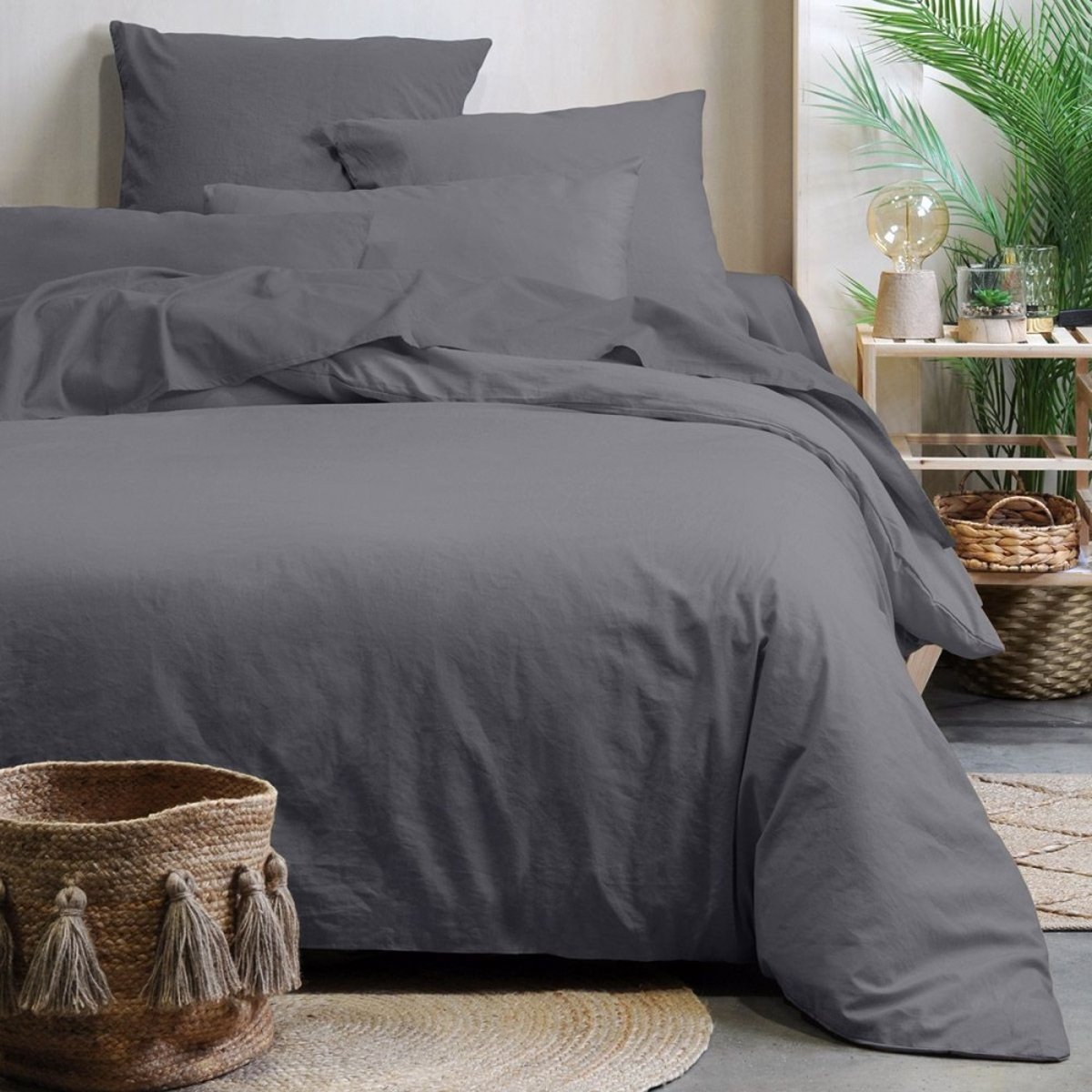 Housse De Couette 240x260 Horizon Lin 100% Coton Bio 57 Fils gris foncé, DECORATIE
