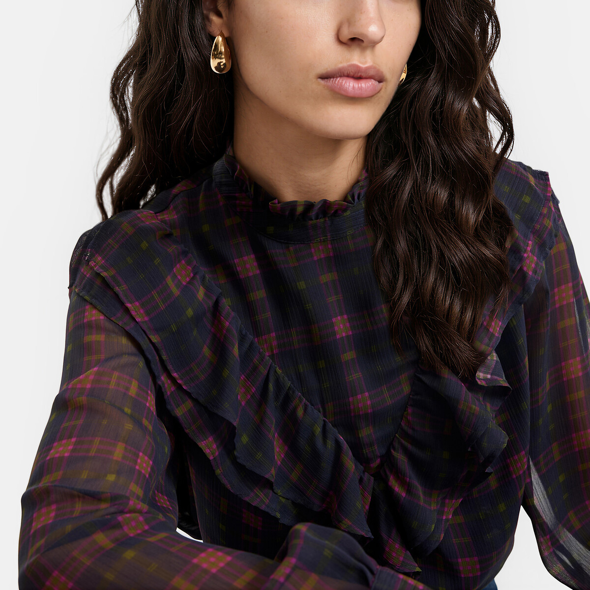 Blusa de cuadros, con volantes y manga larga cuadros azul, LA REDOUTE COLLECTIONS