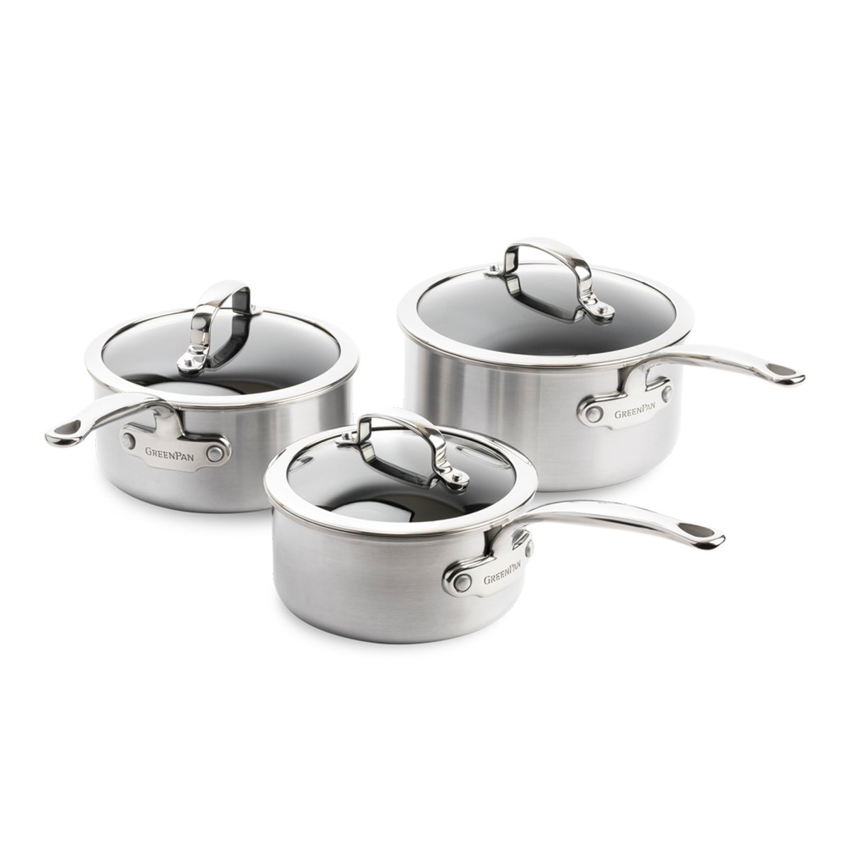 Série de 3 Casseroles 16 cm, 18 cm et 20 cm inox triply revêtement céramique-Première argent / métallique, GREENPAN