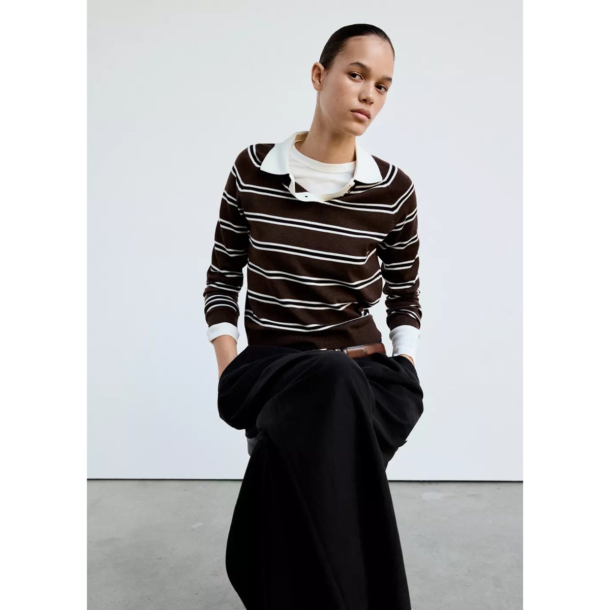 Pull-over rayures col polo chocolat, MANGO