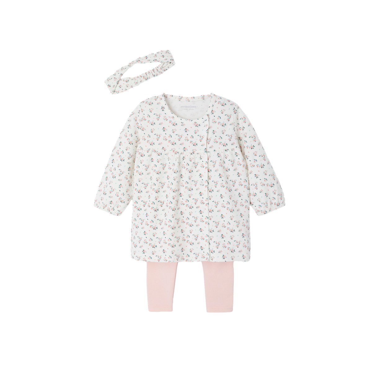 Ensemble bébé naissance 3 pièces bandeau, robe à motifs et legging nude imprimé, VERTBAUDET