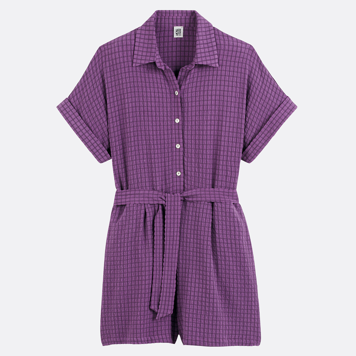 Checked Short Sleeve Playsuit purple checks, LA REDOUTE COLLECTIONS
