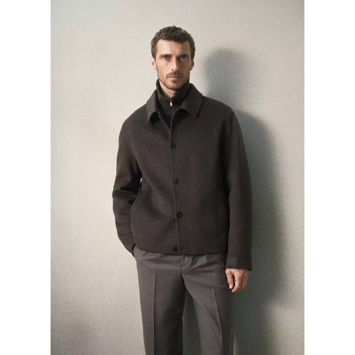 Veste en mélange de laine et cachemire à col chemise café, MANGO MAN
