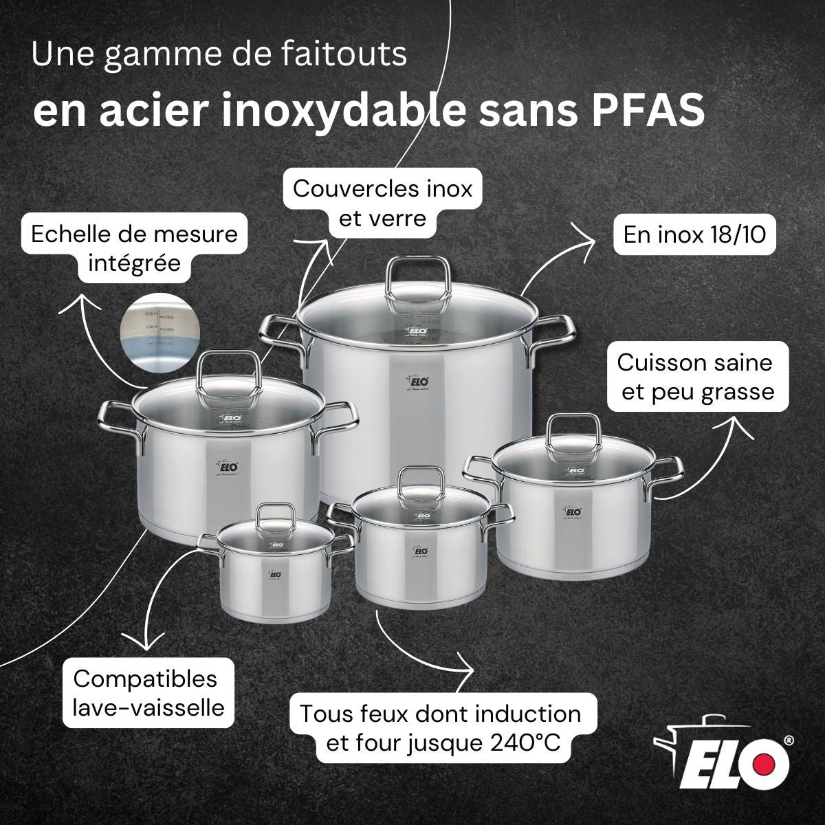 Batterie de cuisine 1 poêle 28cm + 5 faitouts RELIEF EVOLUTION inox, ELO