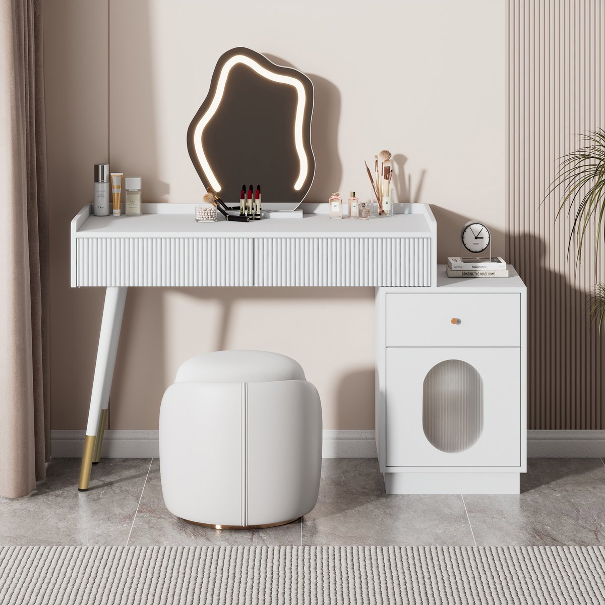 Coiffeuse table de maquillage avec 3 tiroirs et 1 porte, ULTRAF blanc, MEUBLES COSY