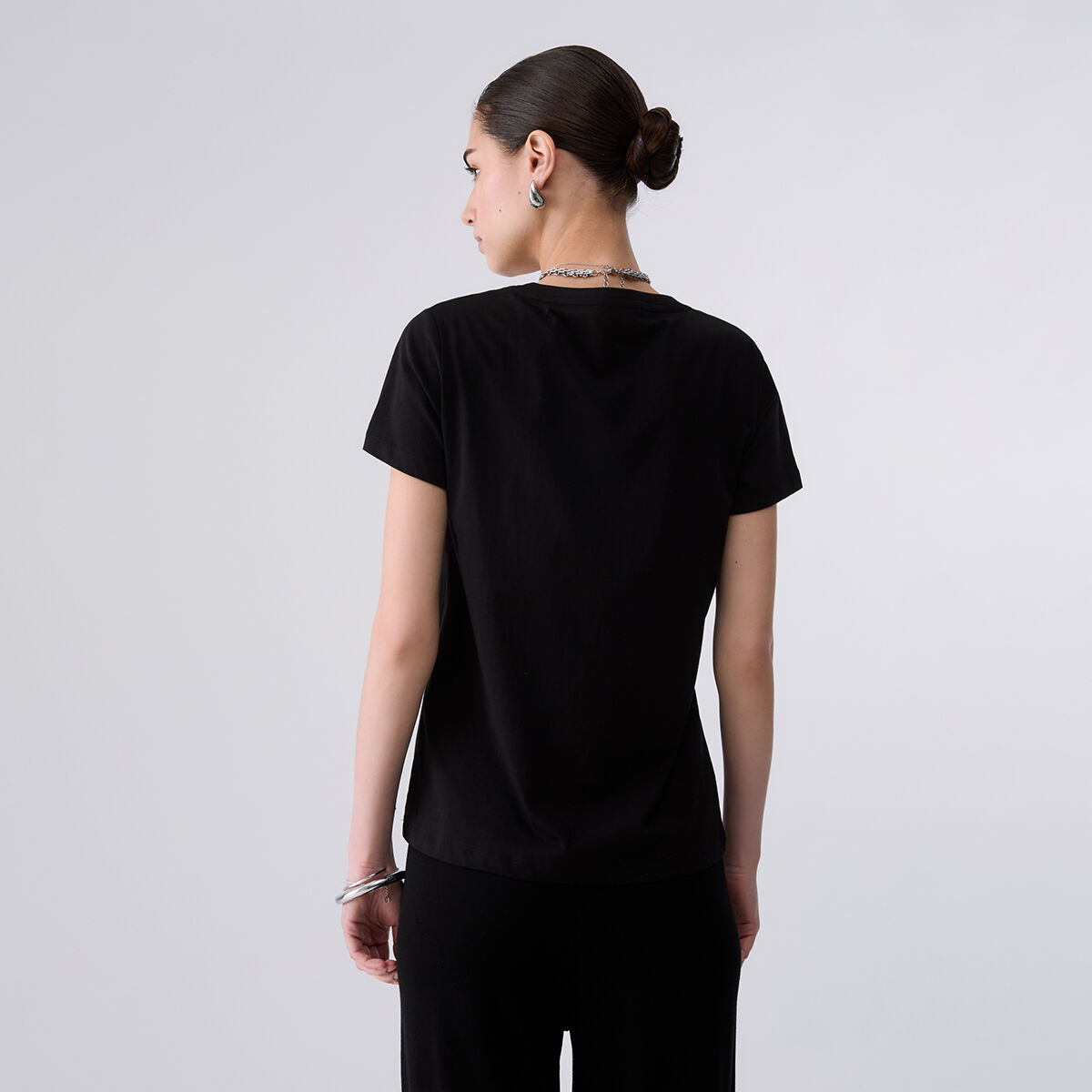 T-shirt avec strass noir et ramage, LIU JO