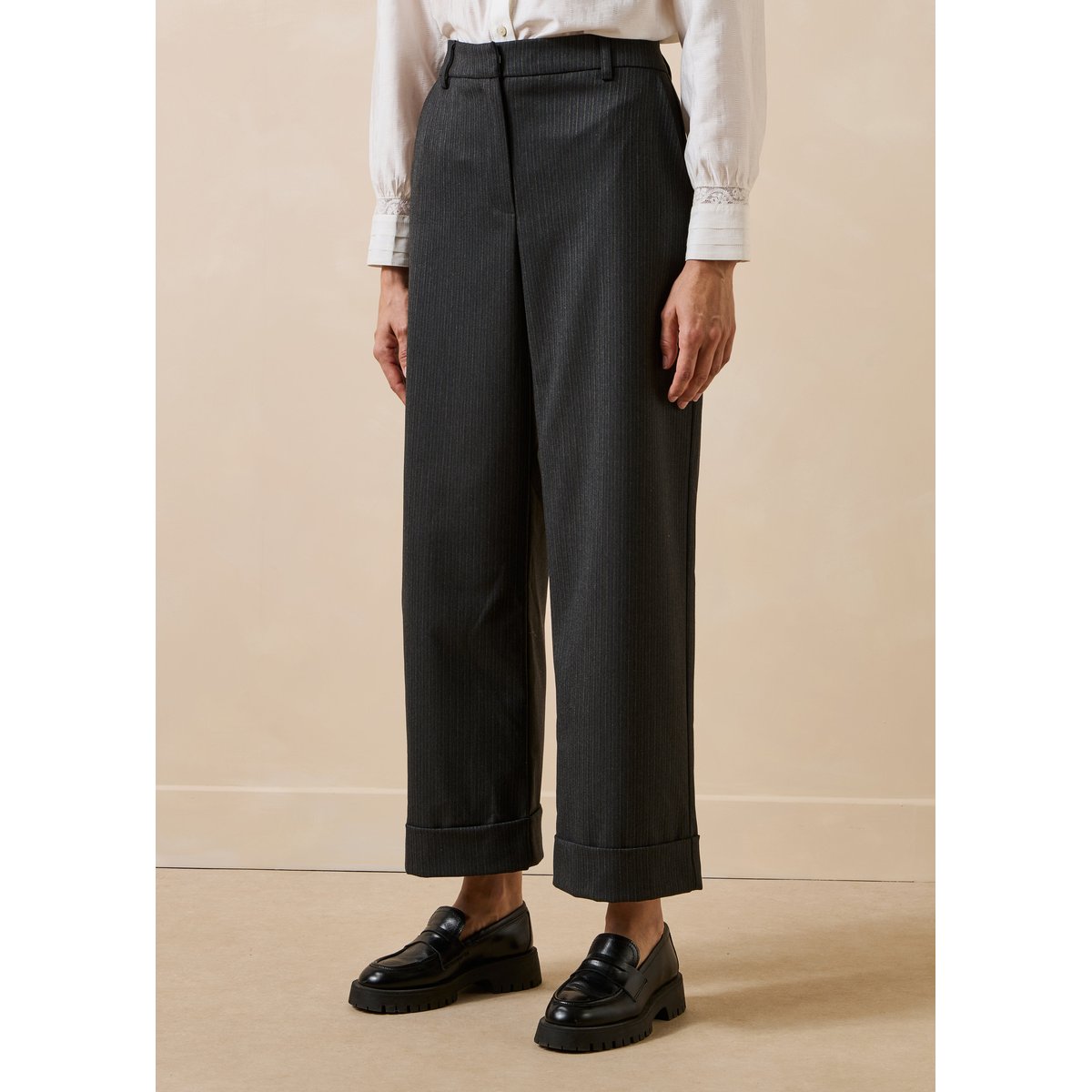 Pantalon droit rayé anthracite, LA FEE MARABOUTEE