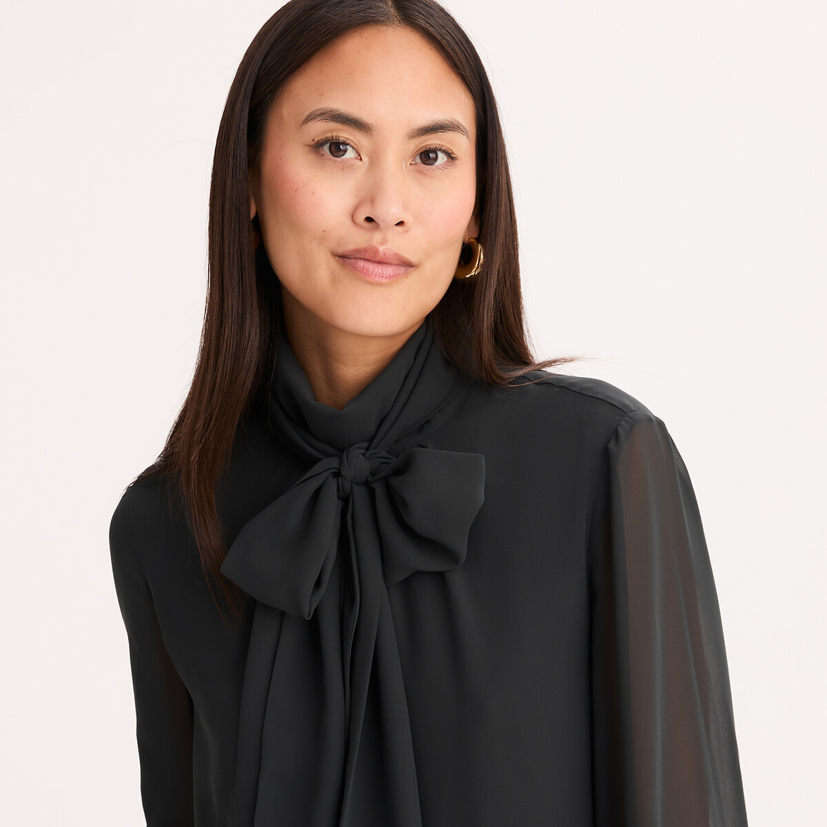 Robe à col lavallière, longueur genou, manches longues noir, ANNE WEYBURN