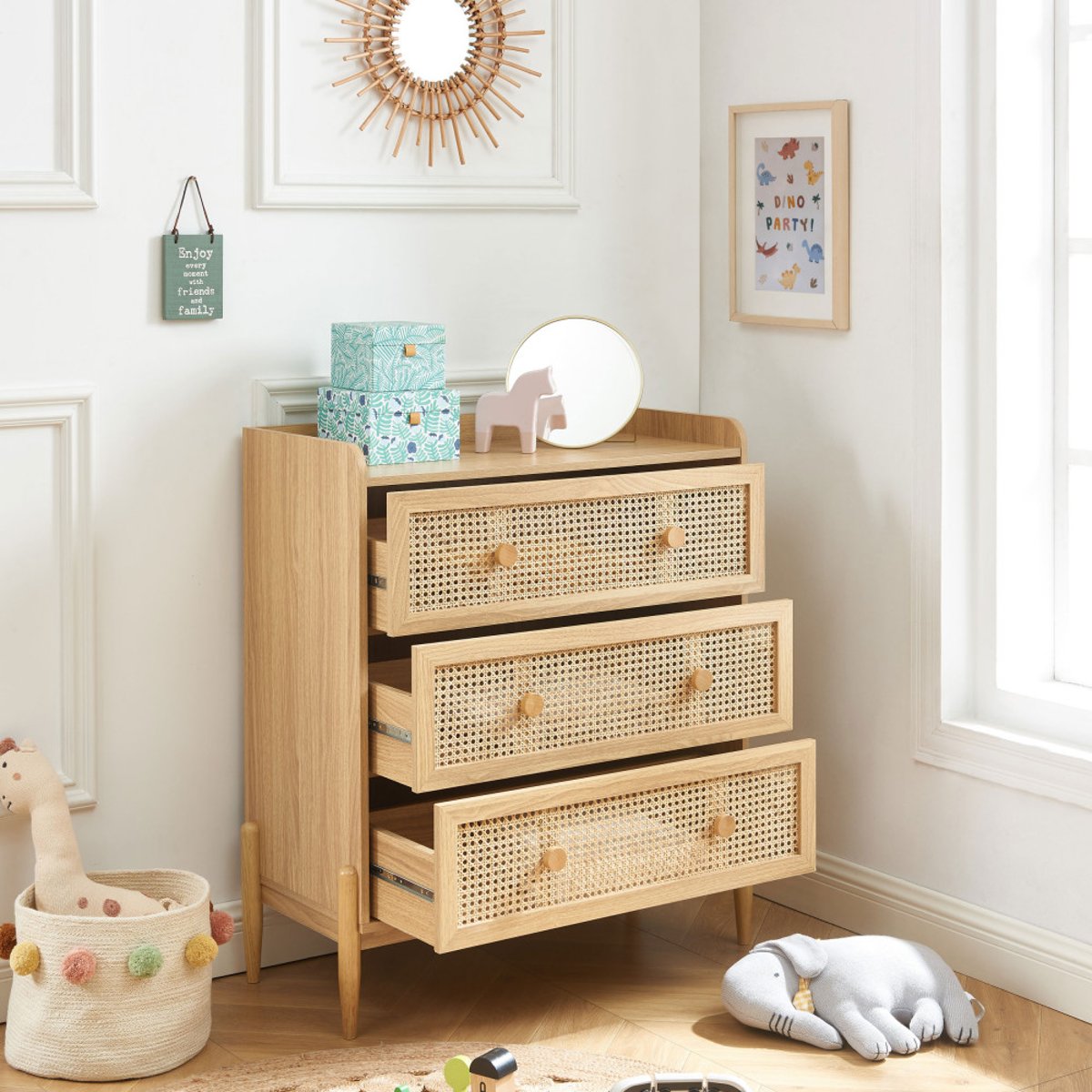 Commode enfant 3 tiroirs en bois et cannage 80cm- LILOU bois clair, DRAWER