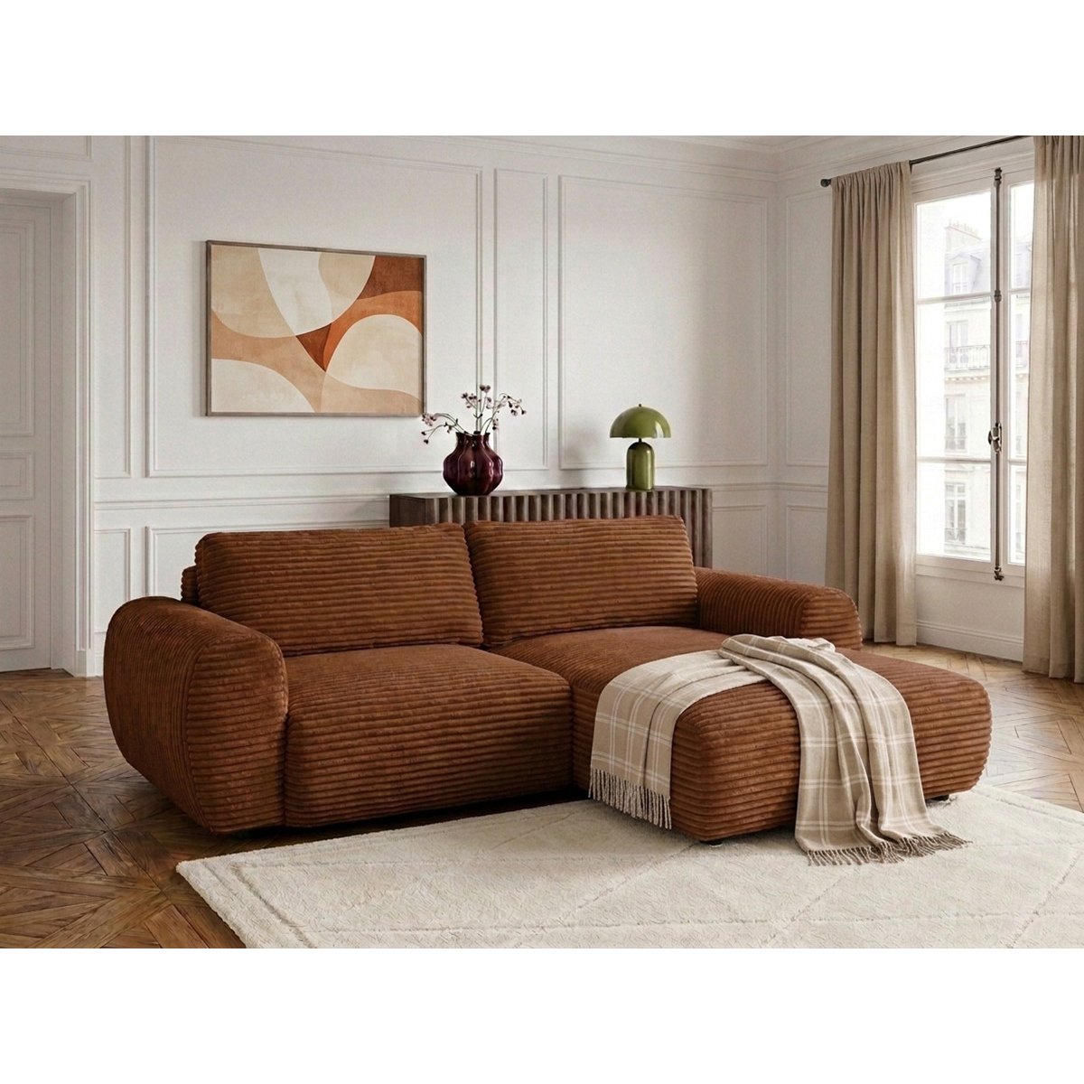 Canapé d'angle convertible 2,5 places en gros côtelé doux, LUCIEN orange, BOBOCHIC