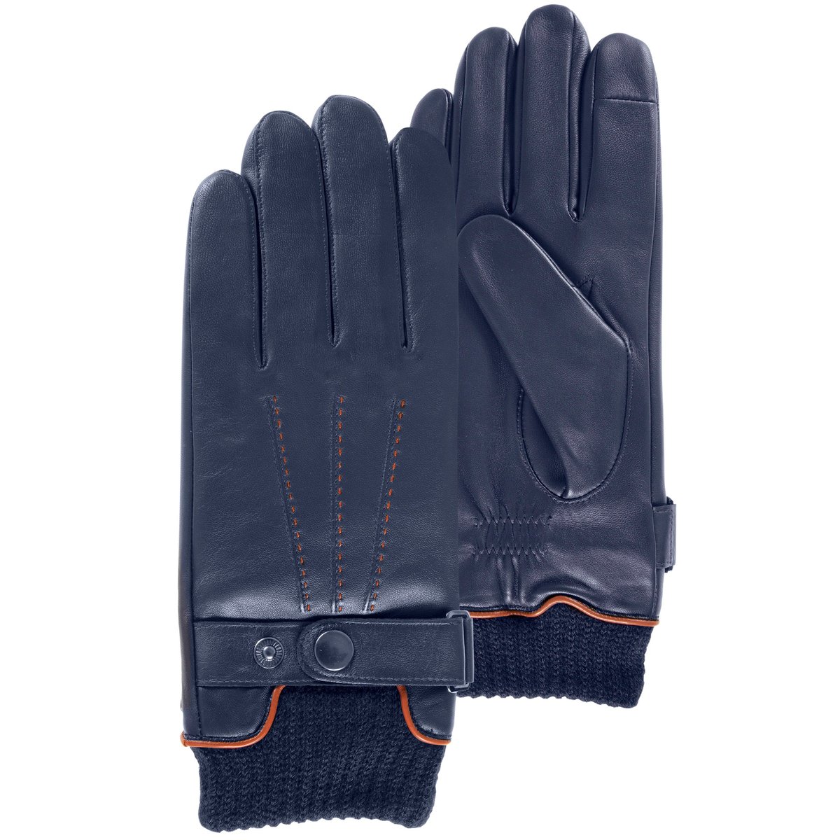 Gants tactiles, en cuir d'agneau pleine fleur, doublés polaire bleu marine, ISOTONER