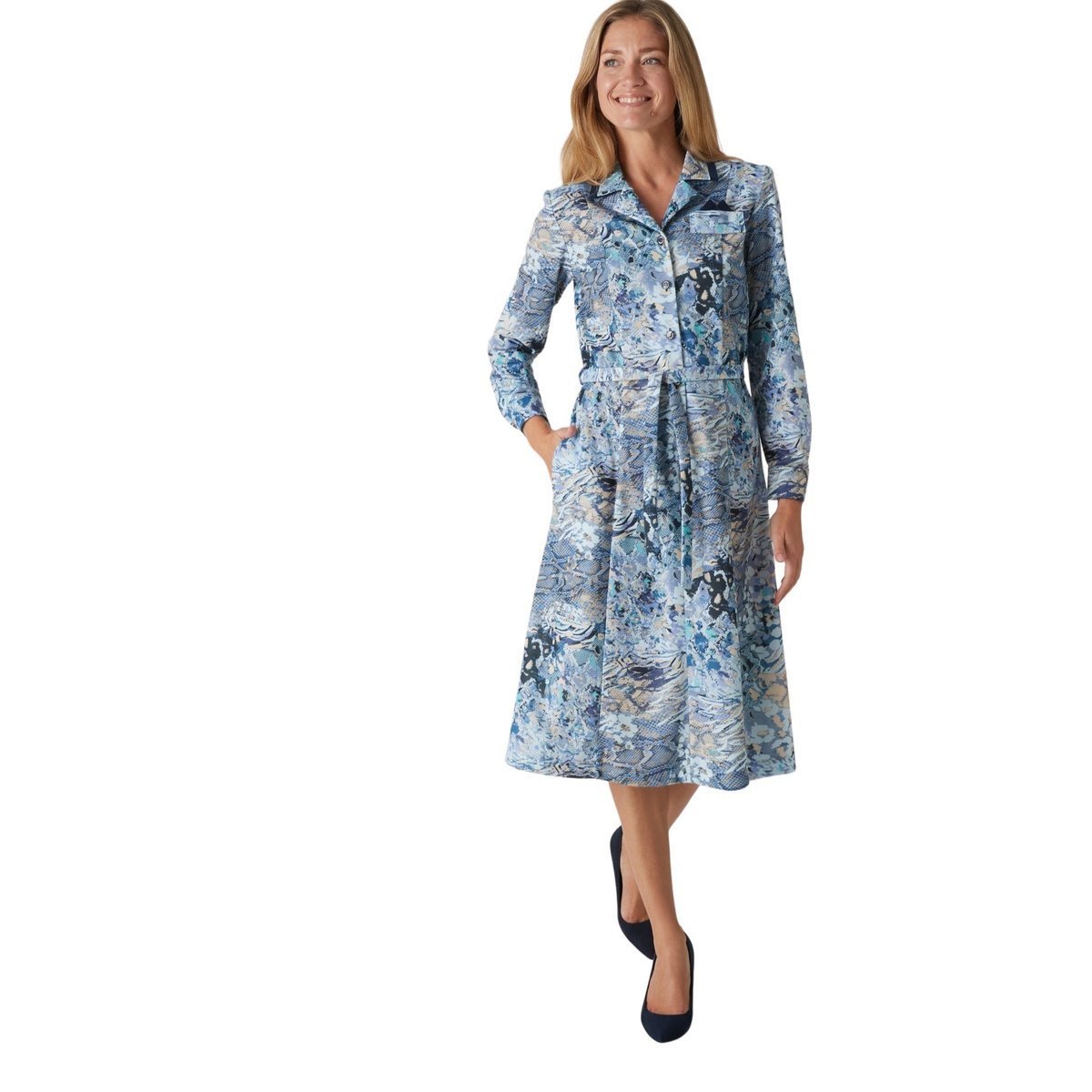 Robe col tailleur manches longues imprimé marine, DAXON