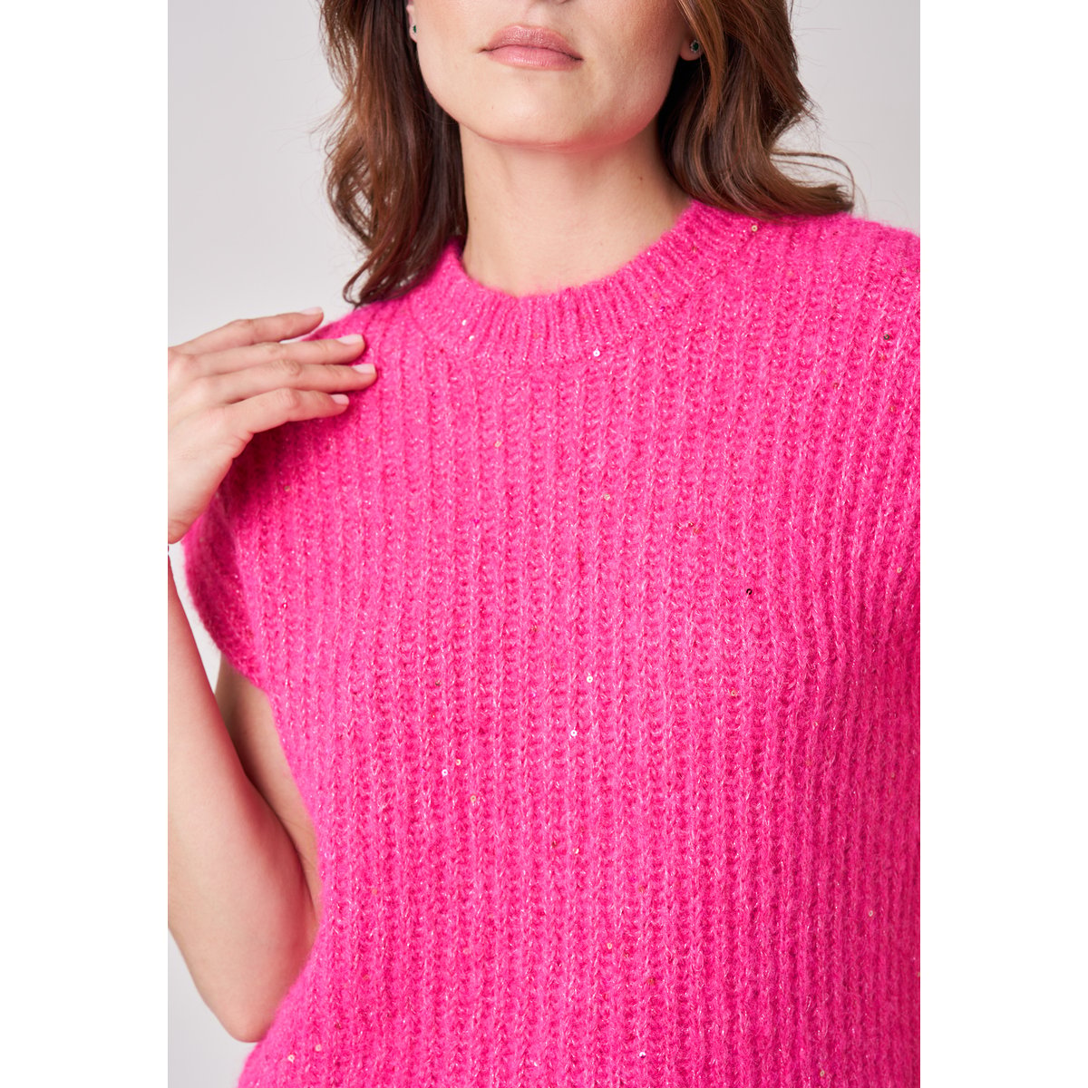 Pull à manches courtes femme en maille douce SYLBIA rose, DEELUXE