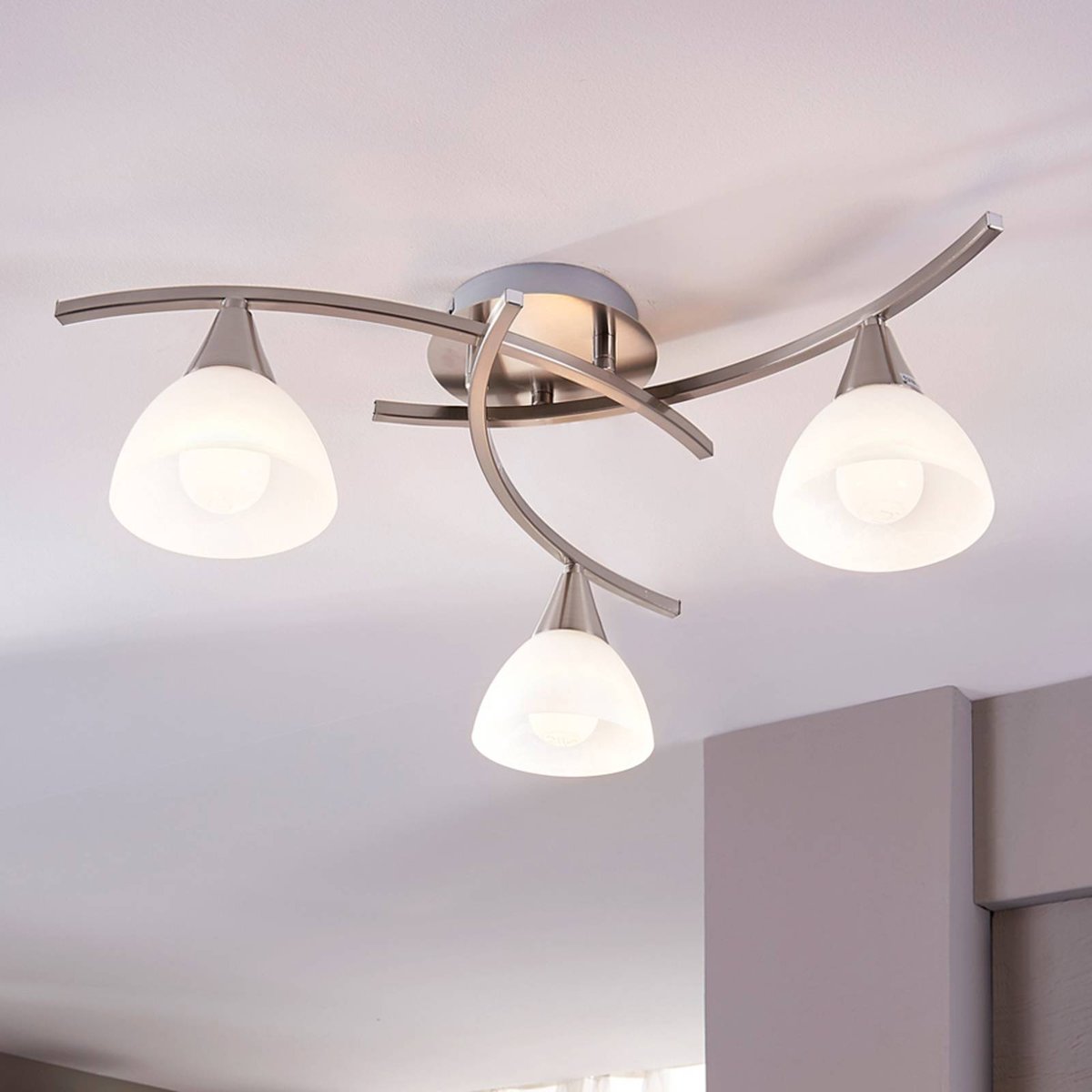 Plafonnier en verre traditionnel, Della blanc, nickel mat, LINDBY