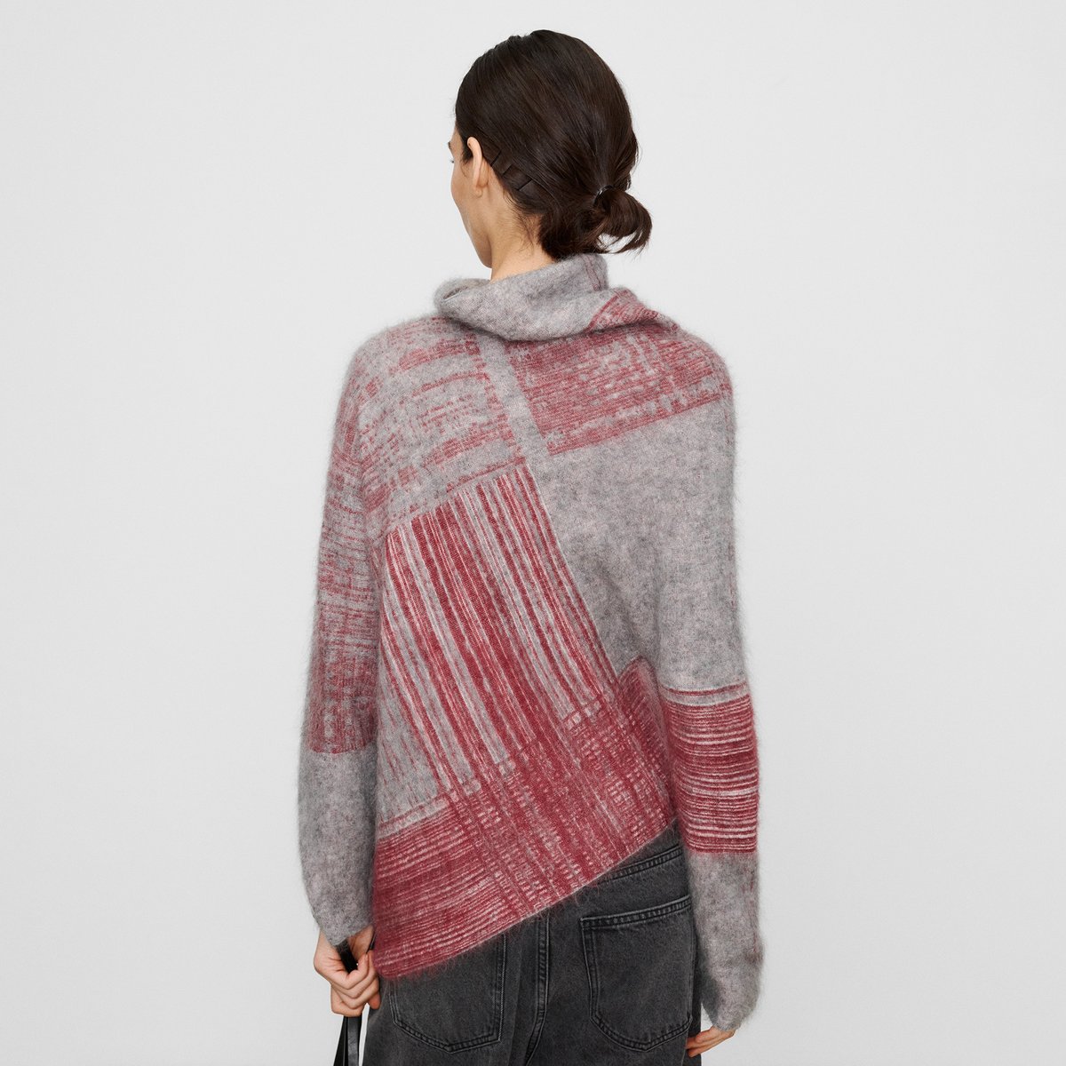 Pull avec mohair et laine mérinos à bas asymétrique grenat/gris, ADOLFO DOMINGUEZ