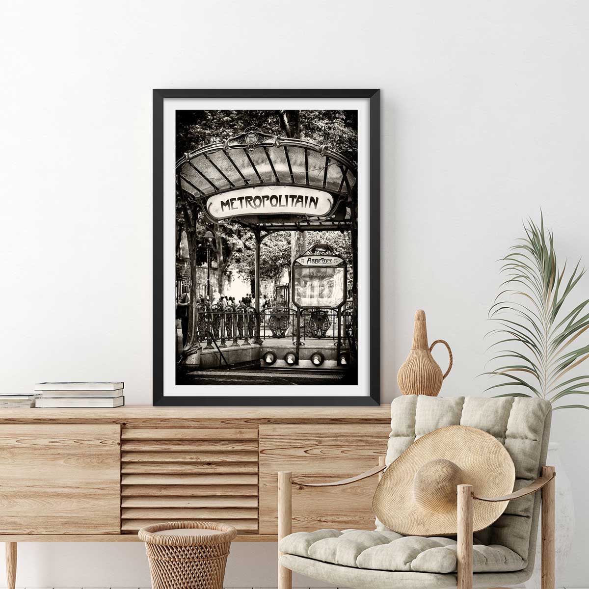Affiche paris metro abbesses par hugonnard affiche + cadre en bois - noir, HEXOA