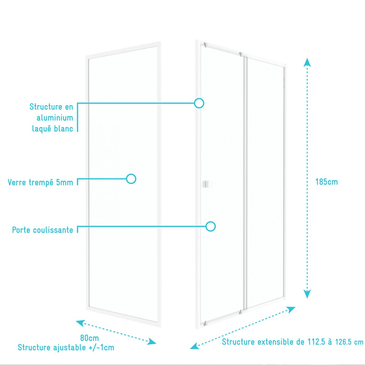 Porte de douche coulissante en verre trempé avec paroi de retour blanc, HOME MAISON