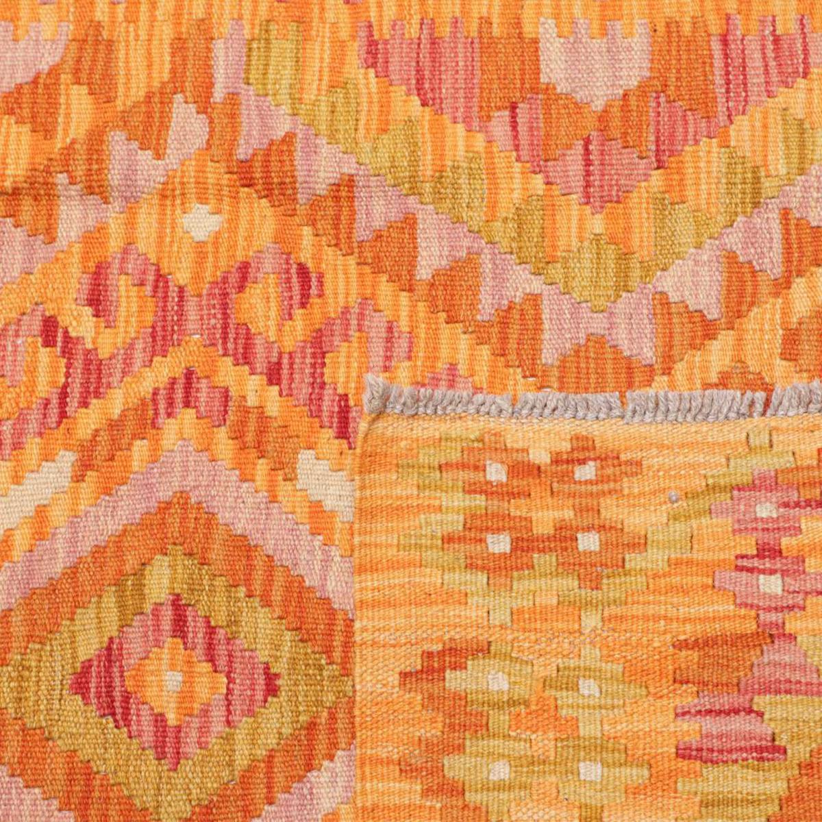 Tapis kilim ethnique, tissage plat artisanal, KILIM 78 orange, rouge, vert, UN AMOUR DE TAPIS