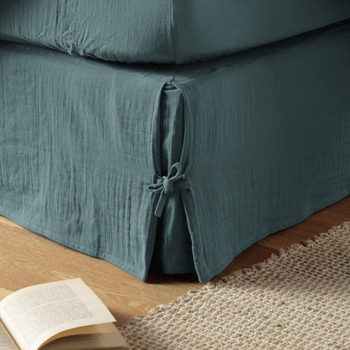 Cache sommier, en 100 % Gaze de coton, avec volant 30 cm bleu, EDEN