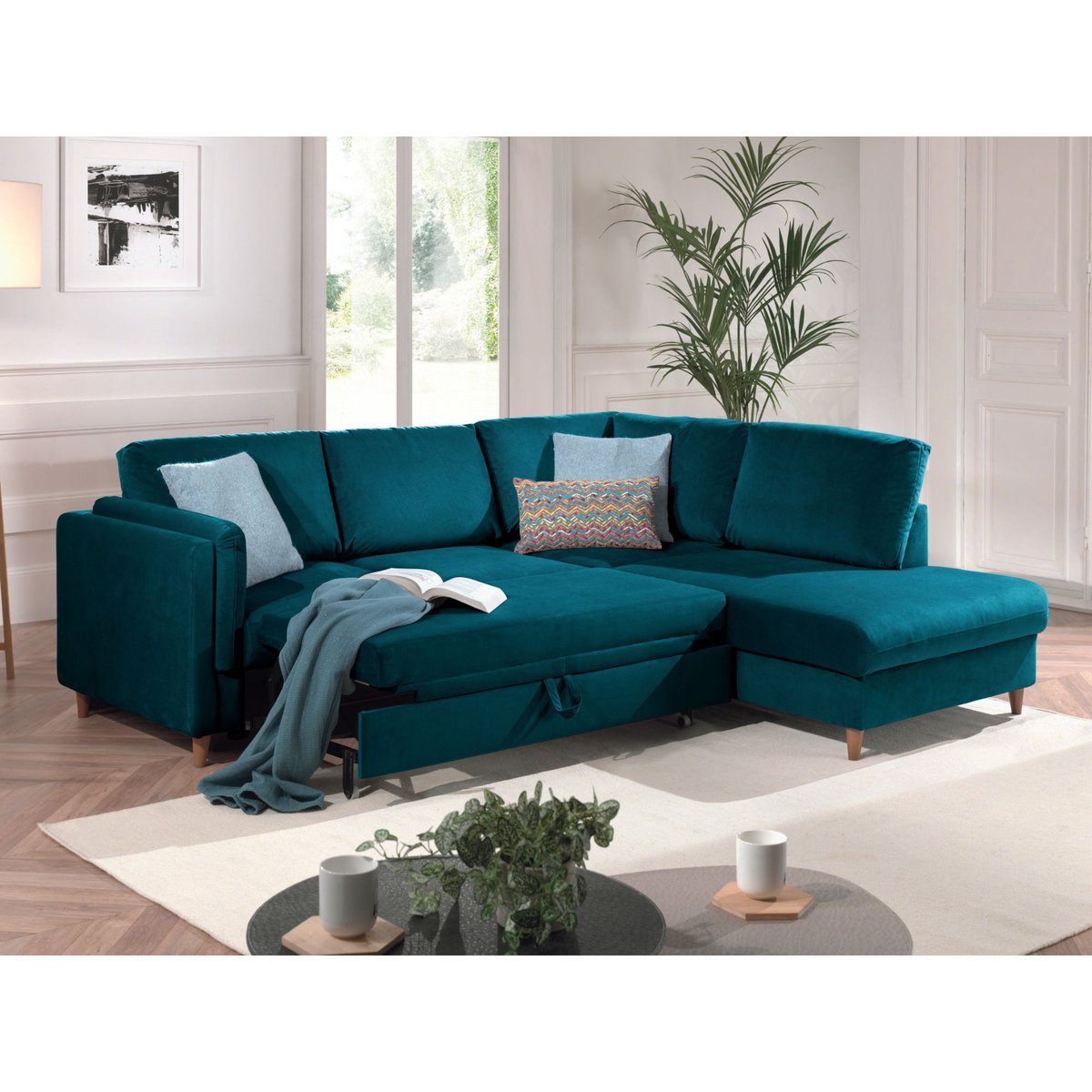 Canapé d'Angle Convertible 5 places - BROOKE bleu canard, BEST MOBILIER