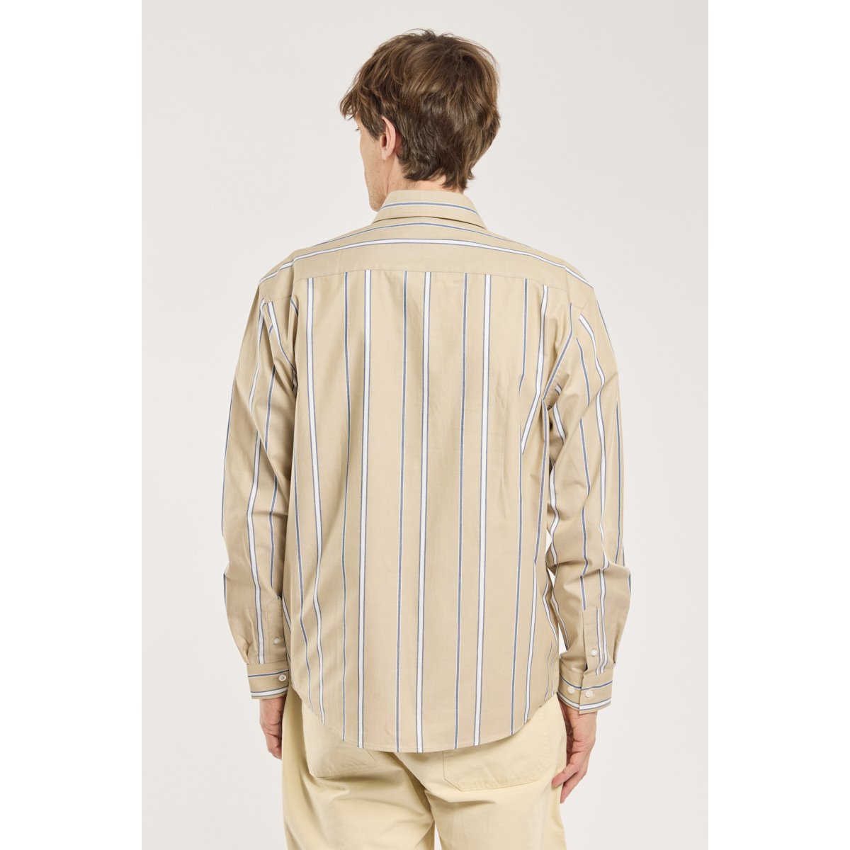 Chemise à carreaux en coton beige rayure bleu/blanc, GUY DE BERAC