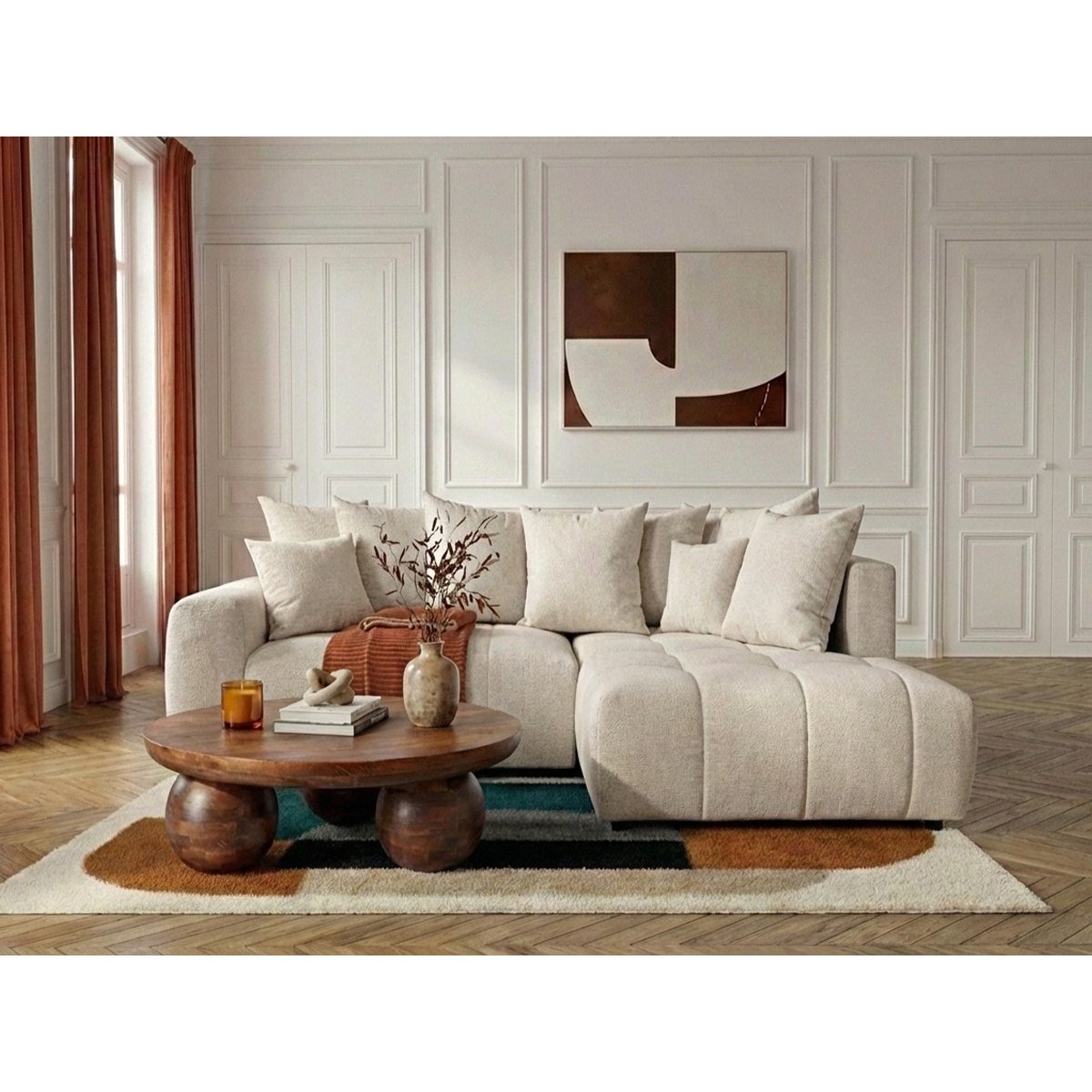Canapé d'angle convertible 4 places en tissu chiné, ROXELANE beige, BOBOCHIC