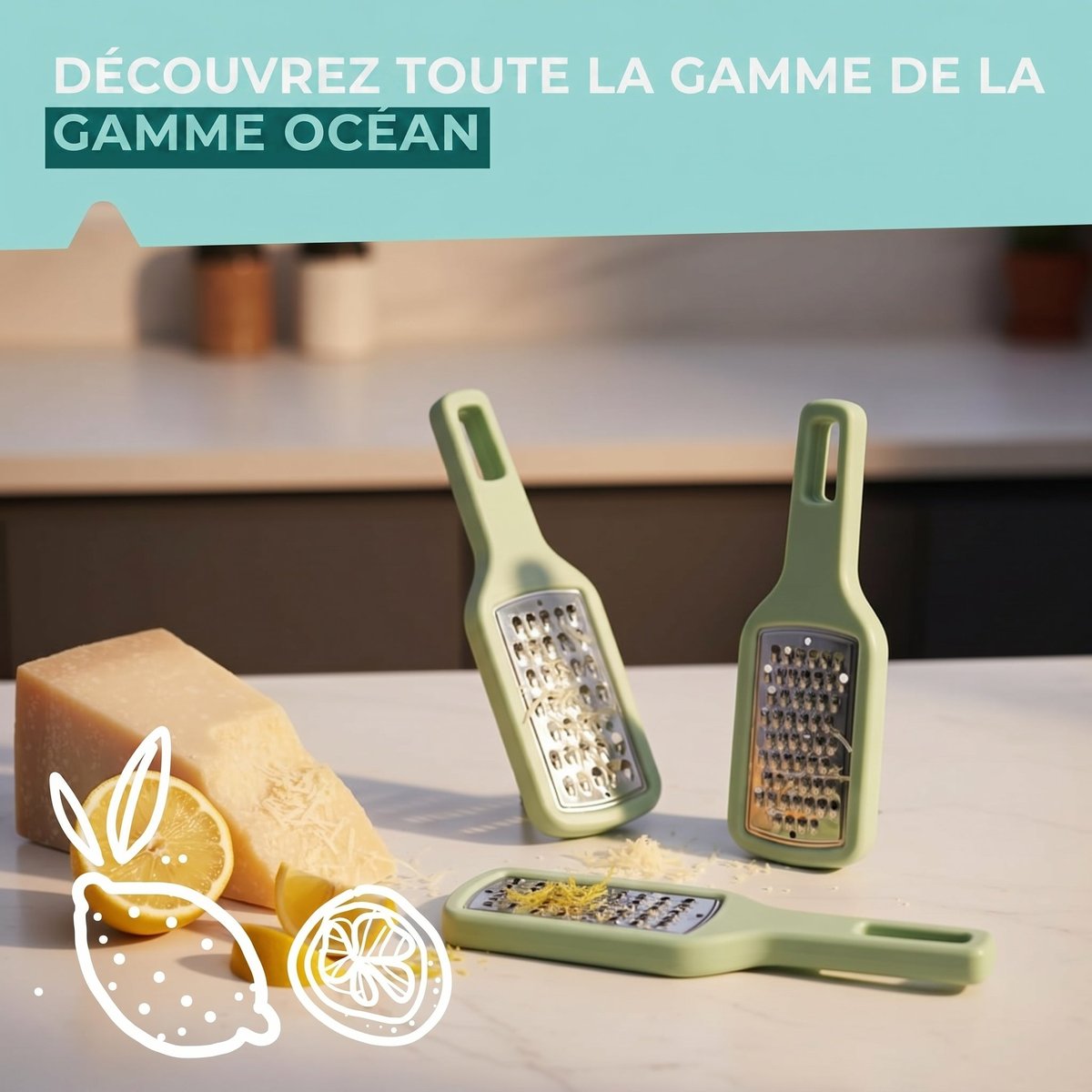 Lot de 3 râpes à légume manuel OCEAN gris,vert, FACKELMANN