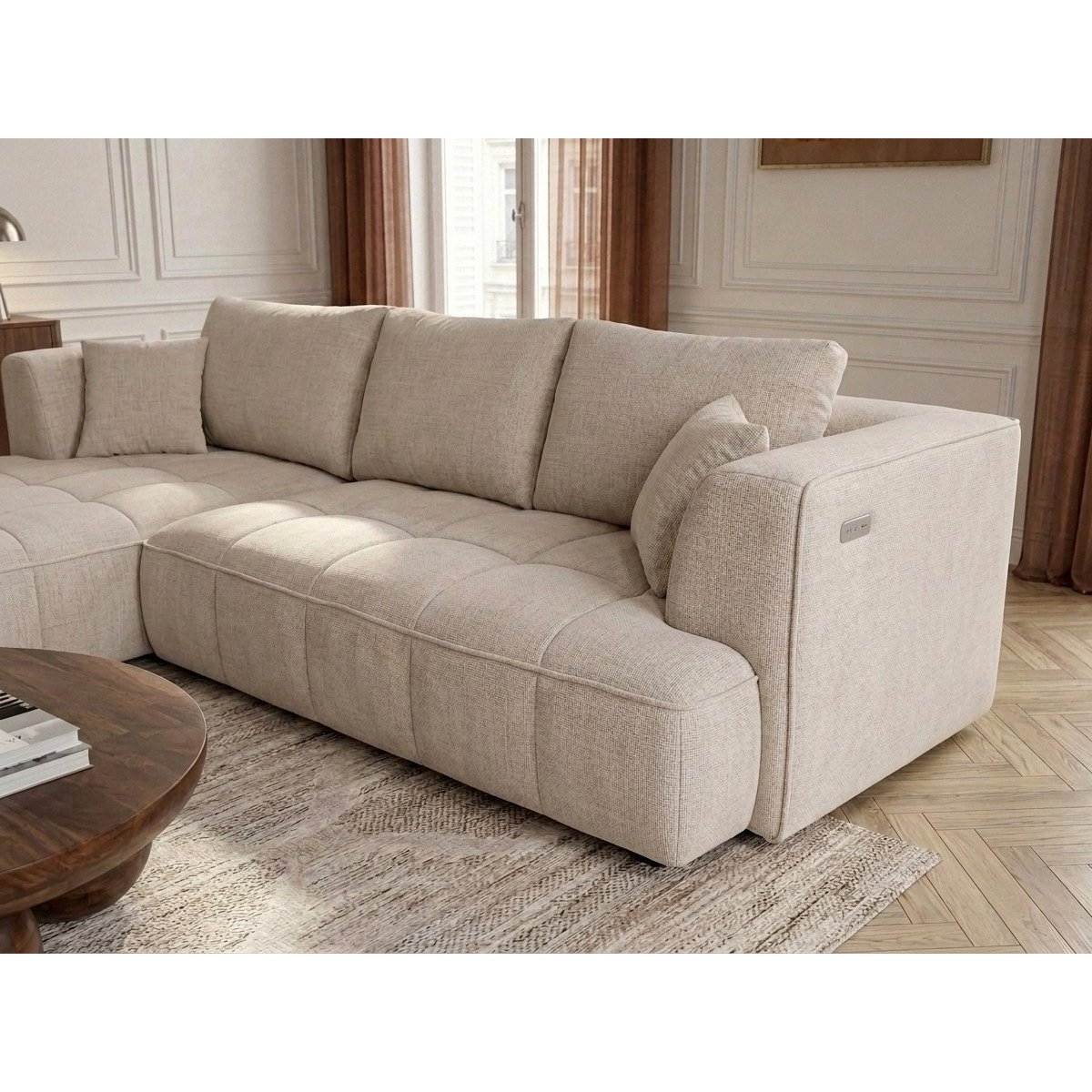 Canapé droit convertible 3 places en tissu lisse, CLOVIS beige, BOBOCHIC