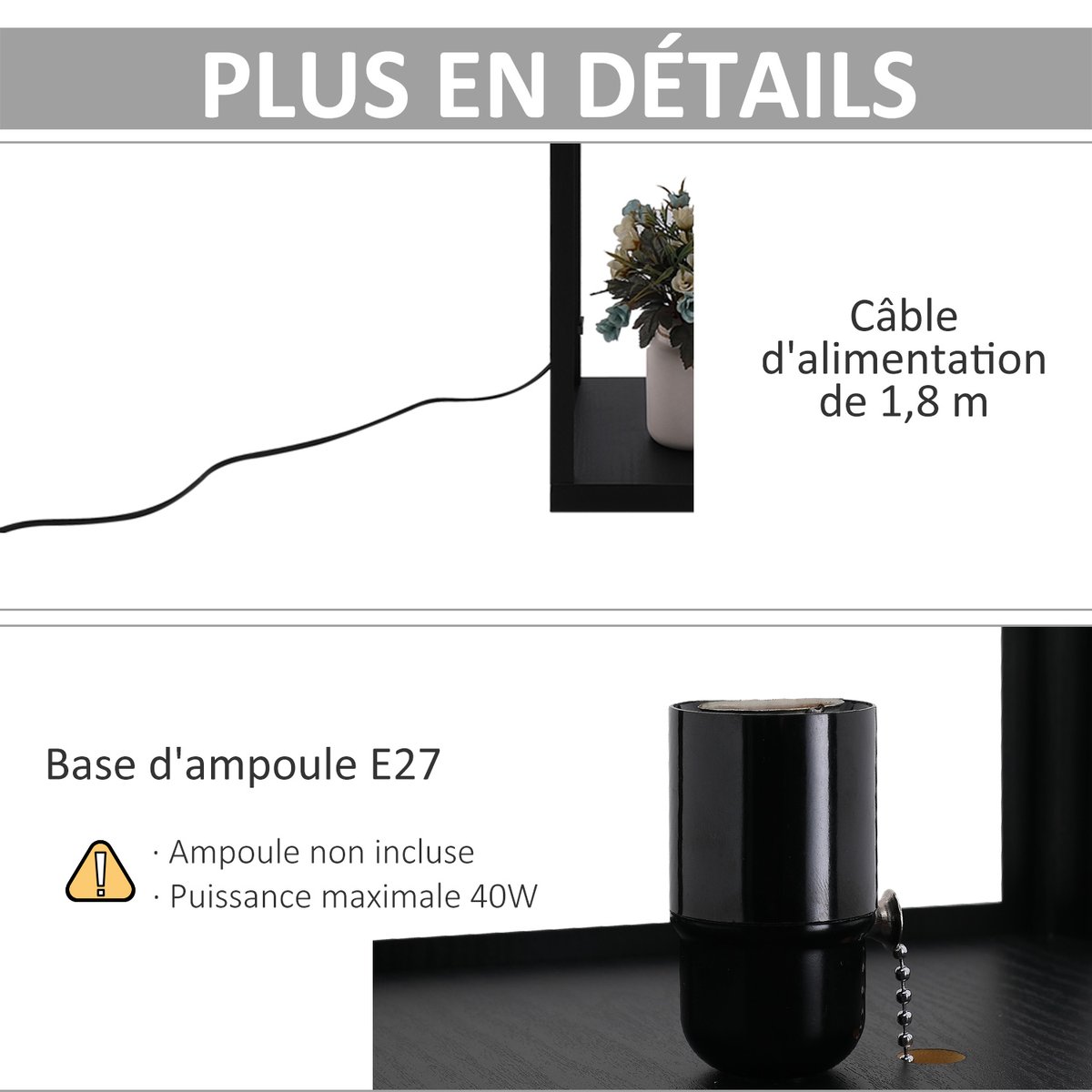 Lampadaire MDF Noir noir, HOMCOM