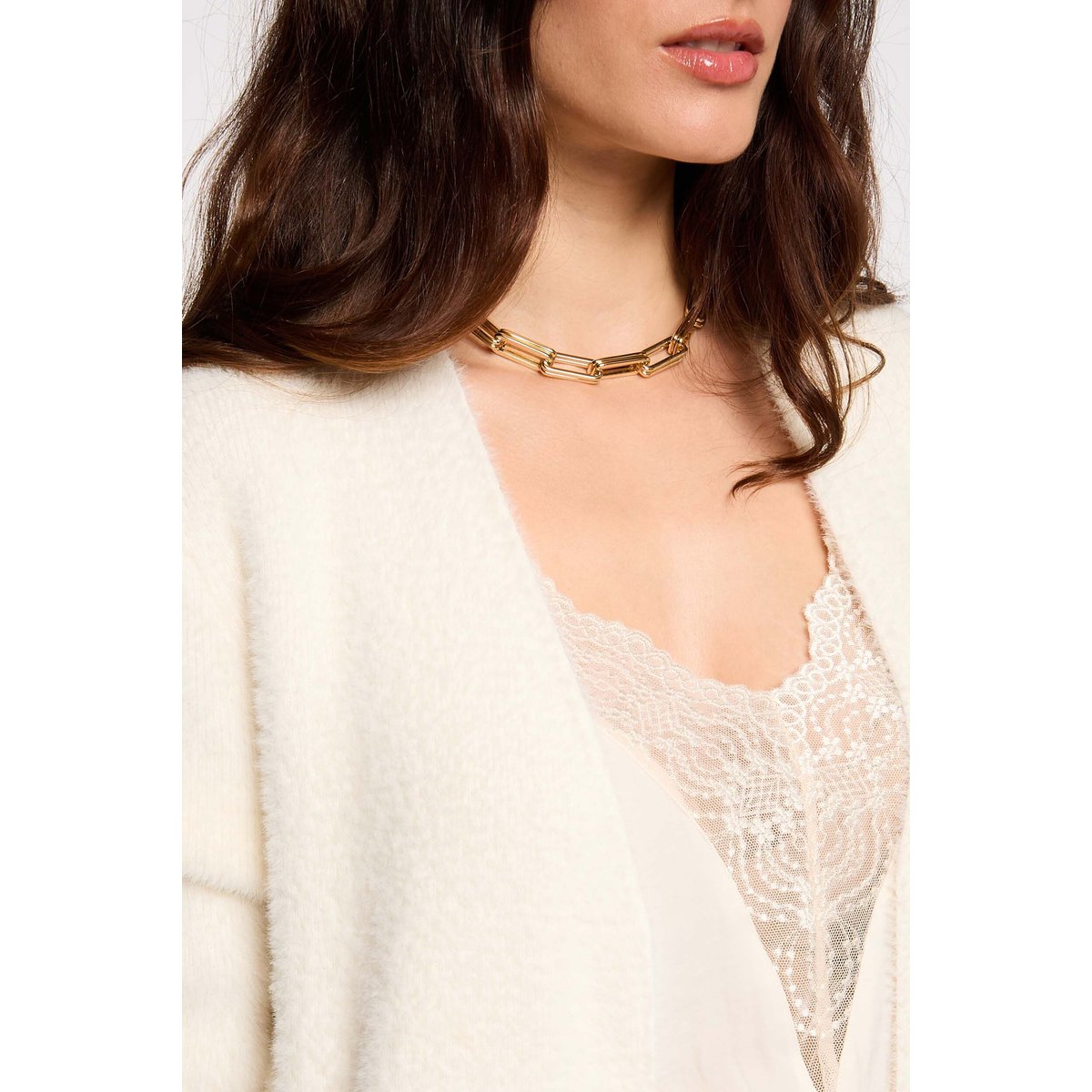 Gilet long maille duveteuse ivoire, MORGAN