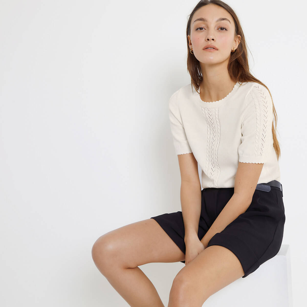 Pull col rond, manches courtes ivoire, LA REDOUTE COLLECTIONS