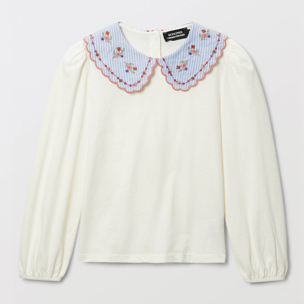 T-shirt manches longues col claudine ecru, MONOPRIX