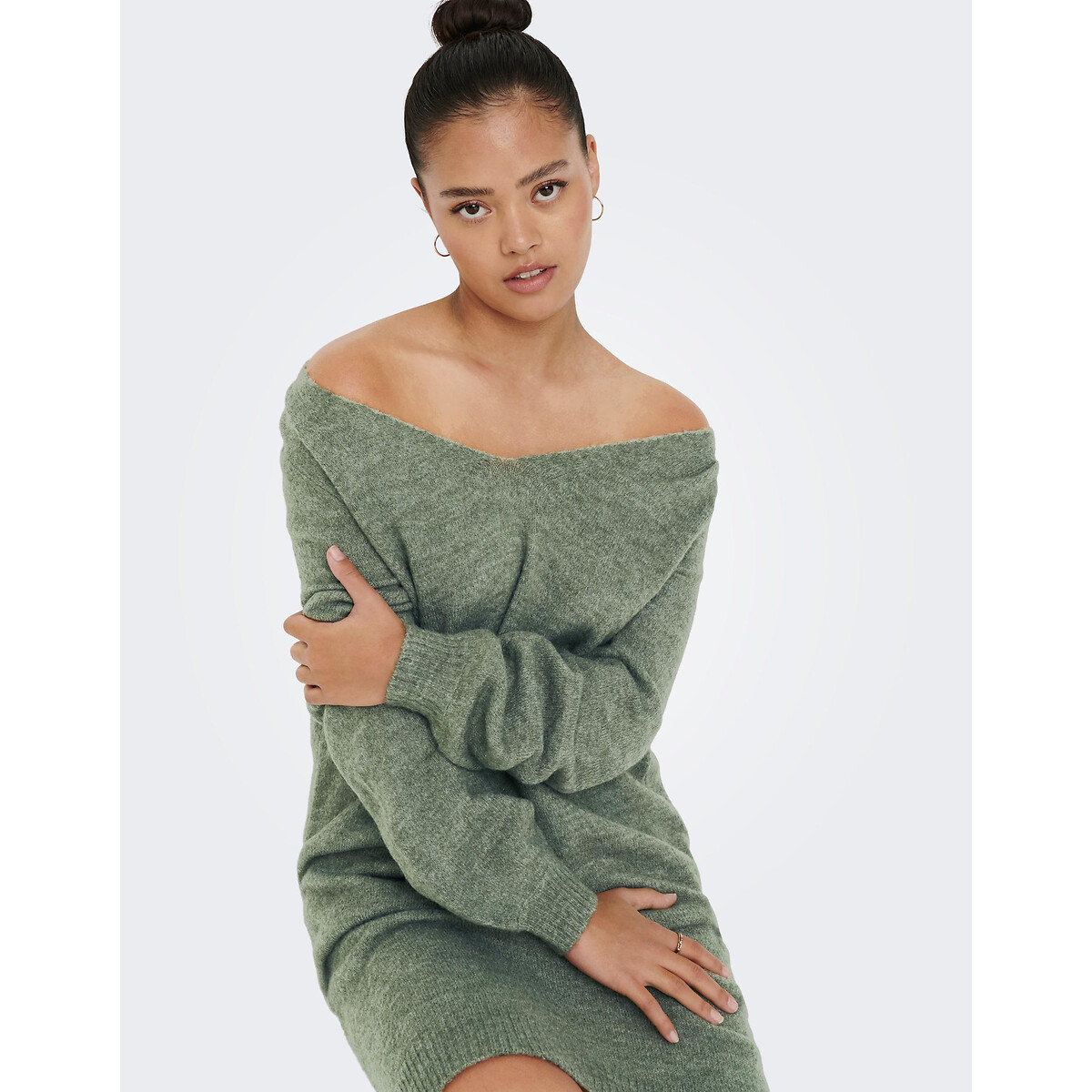 Robe pull col V vert kaki, JDY