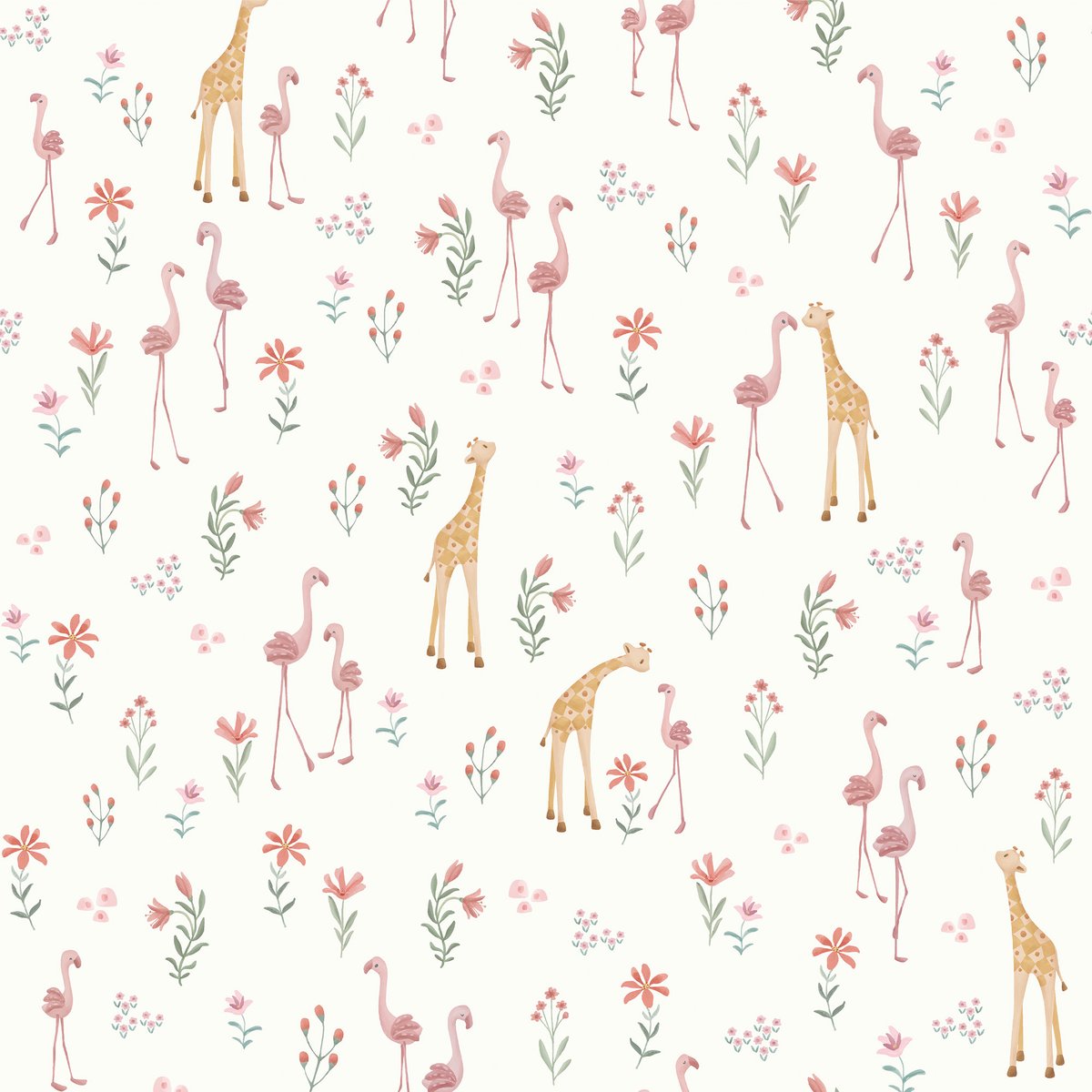 Papier peint fleuri pour enfant Bébé girafe rose, beige, ocre, LITTLE DUTCH